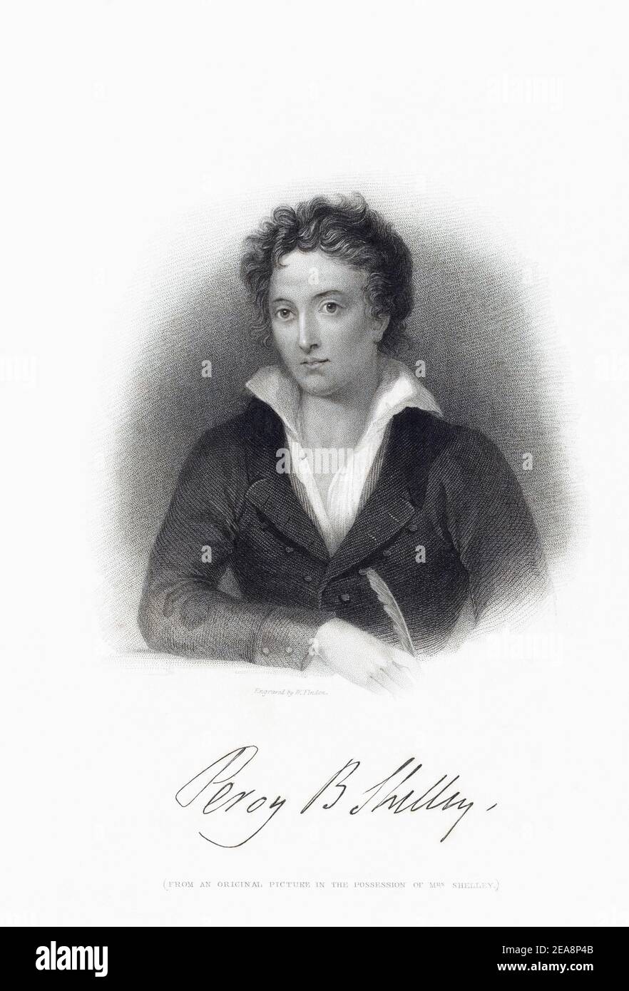 Percy Bysshe Shelley, 1792 – 1822. Englischer Dichter, Dramatiker, Essayist, Romanautor. Seine Unterschrift unter dem Porträt. Nach einem Stich von W. Finden. Stockfoto