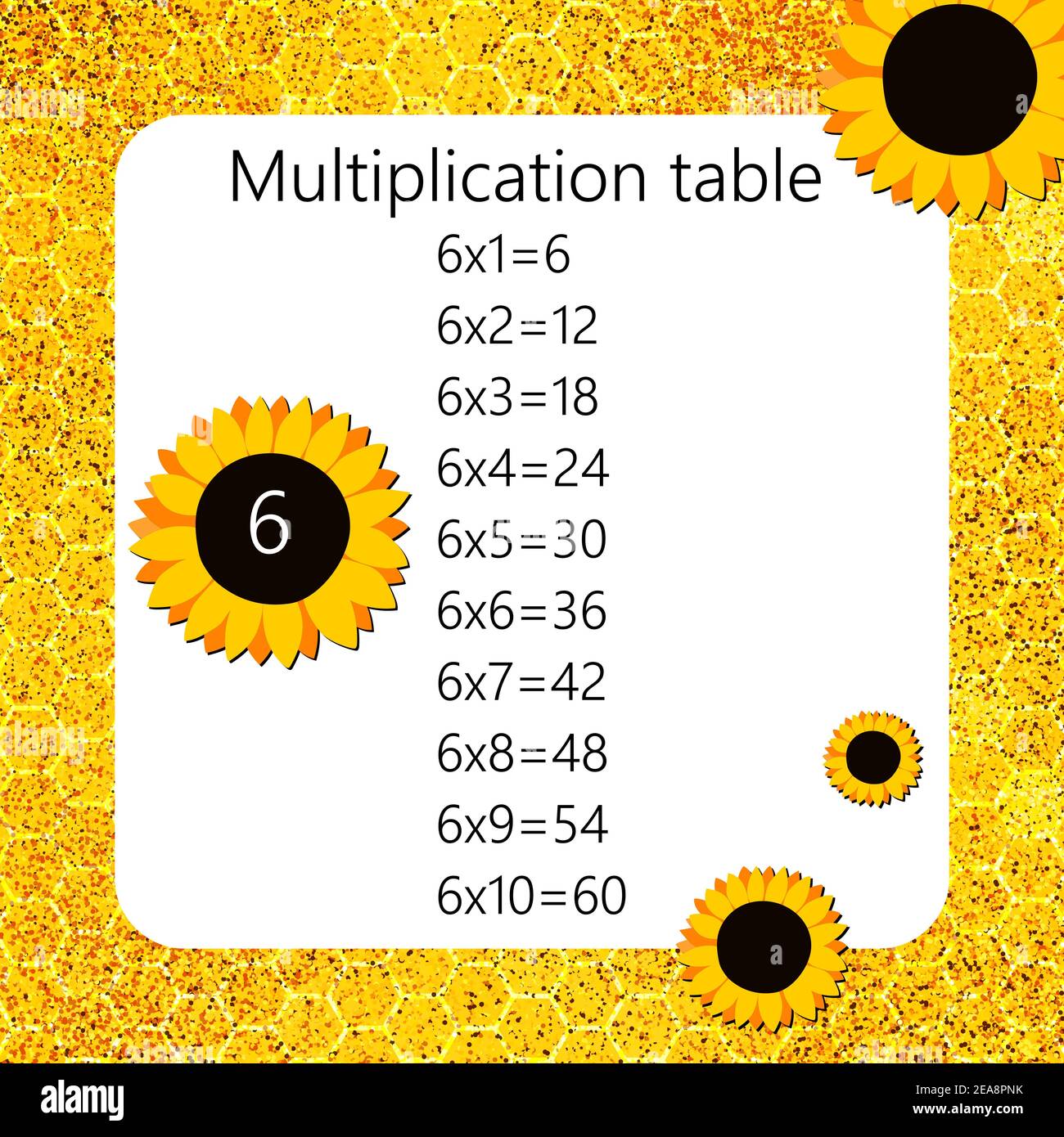 Multiplikation Quadrat. Schule Vektor-Illustration mit Sonnenblumen und Wabenformen. Multiplizierungstabelle. Poster für Kindererziehung. Math Child Stock Vektor