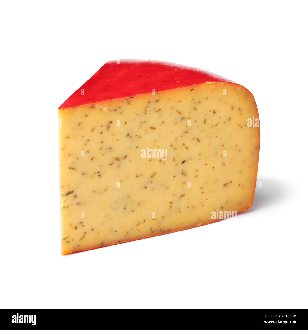 Stück traditionelle fettarme holländische Pan Pan Kreuzkümmel Käse Isoliert auf weißem Hintergrund Stockfoto
