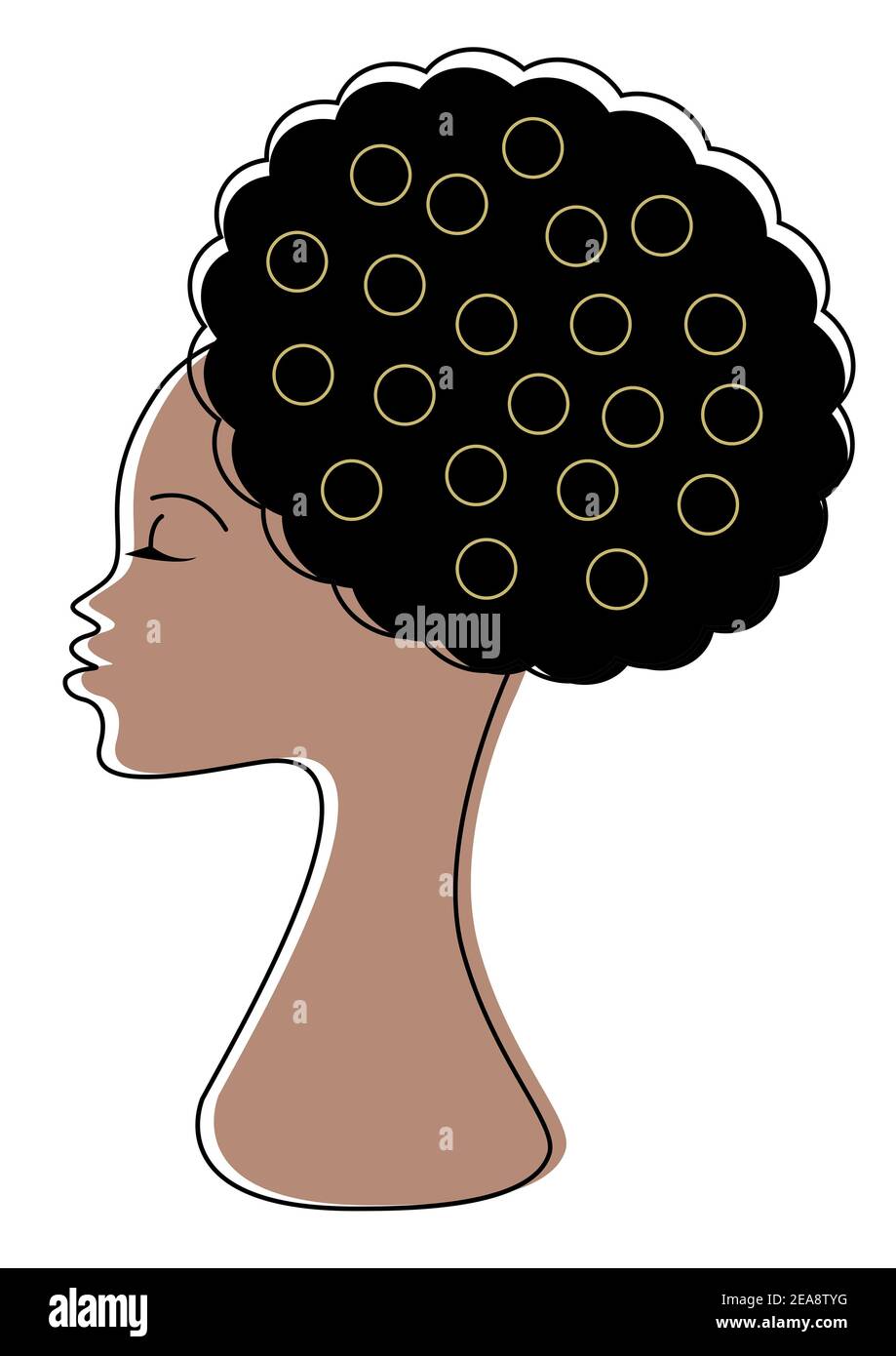 Stolze schöne schwarze Frau, afroamerikanisch. Weibliches Profil. Krauses schwarzes Haar mit goldenen Ohrringen. Abbildung isoliert auf weiß. Stockfoto