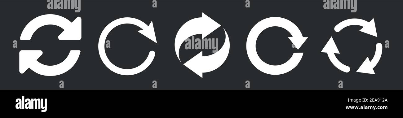 Symbole aktualisieren, die isoliert auf Schwarz gesetzt sind. Symbolvektor neu laden. Symbol aktualisieren. Stock Vektor
