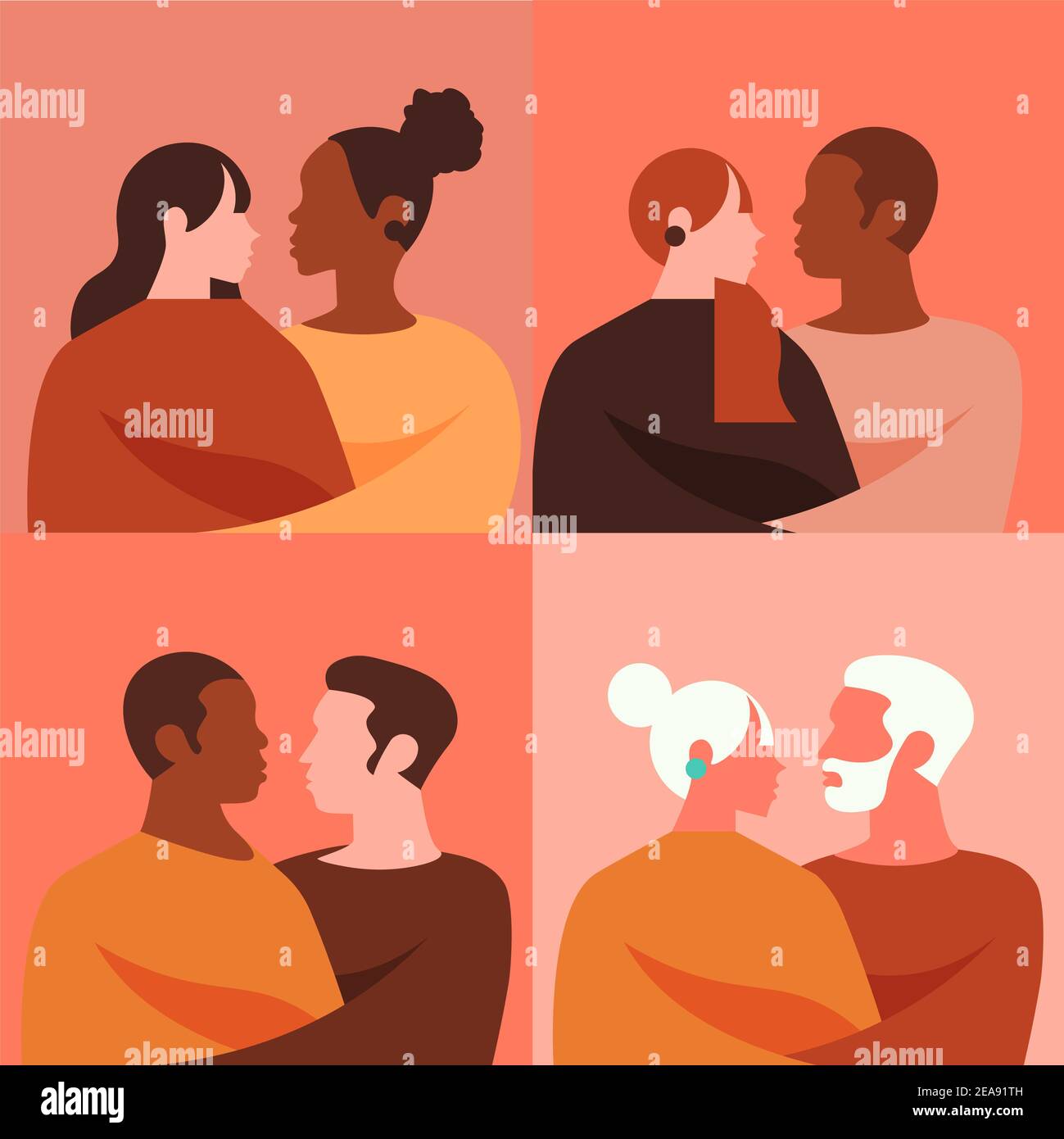 Illustrationen von verschiedenen mehrfarbigen verschiedenen Alters- und geschlechtervererbten Menschen in Liebevolle Beziehungen Stockfoto