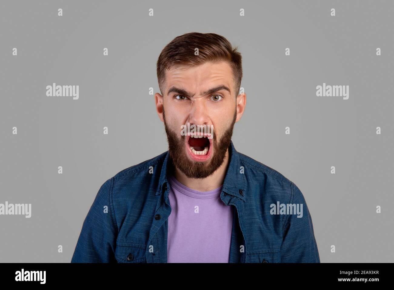 Porträt eines jungen bärtigen Kerl, der wütend schreit und seine Wut über den grauen Studiohintergrund ausdrückt. Negative Emotionen Stockfoto