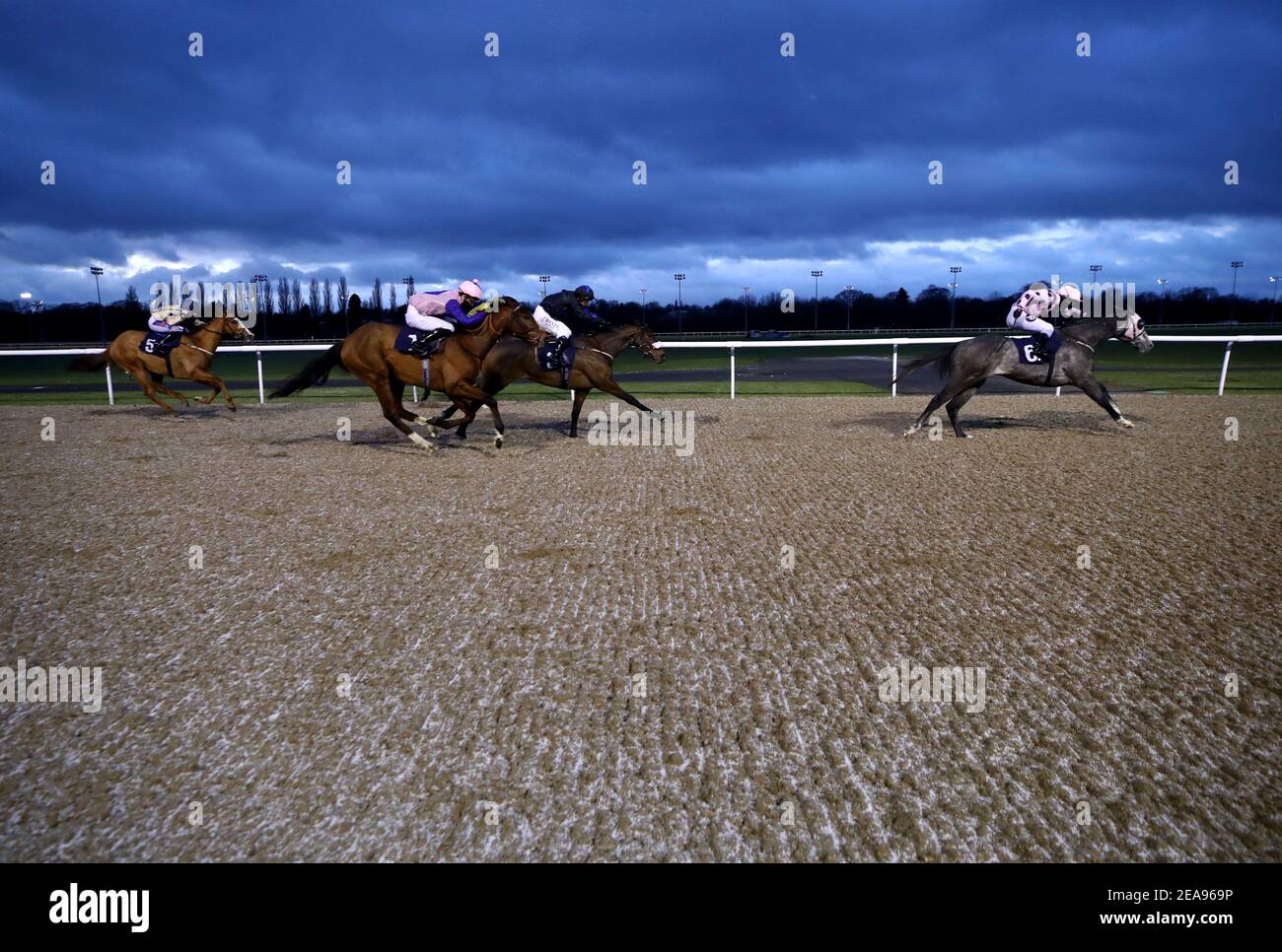 Tataboq von Tom Queally (rechts) auf dem Weg zum Sieg der Play Ladbrokes 5-A-Seite auf Football Selling Stakes auf Wolverhampton Racecourse geritten. Bilddatum: Montag, 8. Februar 2021. Stockfoto