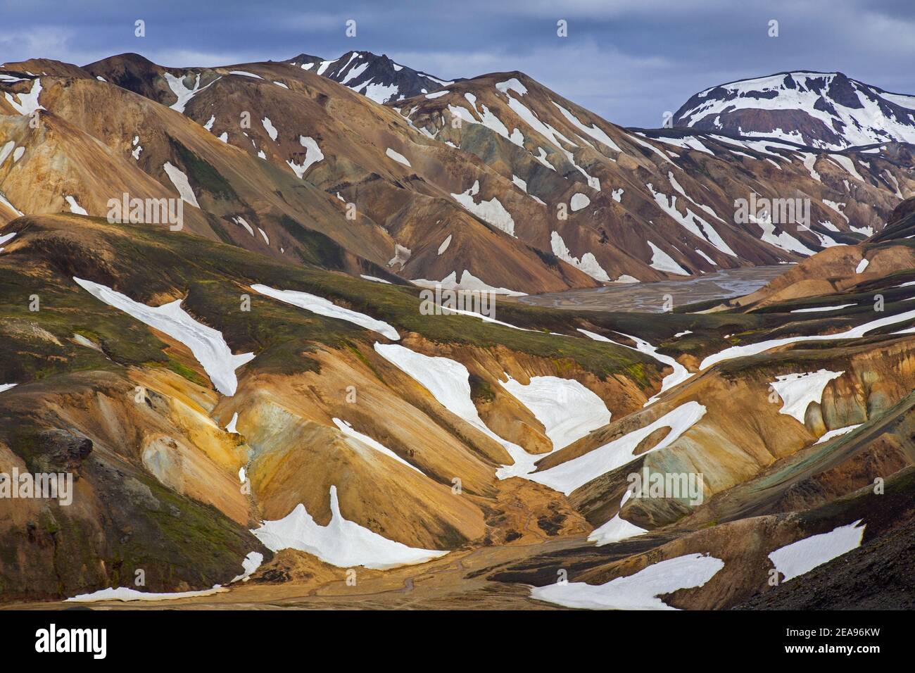 Rhyolite Berge im Landmannalaugar Tal im Fjallabak Naturschutzgebiet, Naturpark bei Hekla / Hekla im Sommer, Sudurland, Island Stockfoto