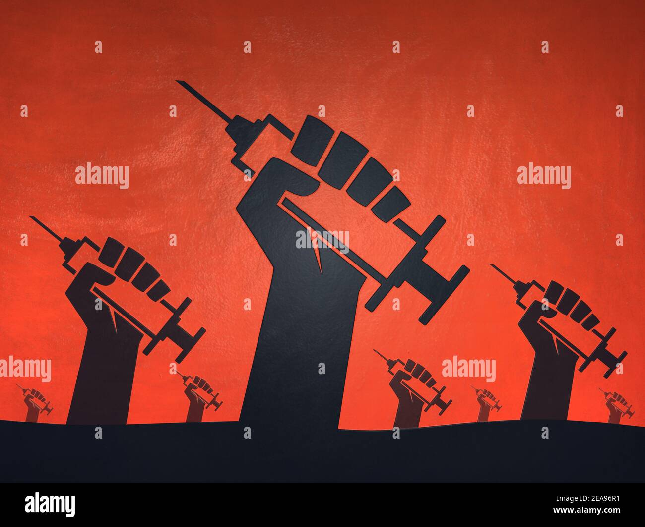Viele Hände mit Spritzen oder Impfungen Immunität und Resistenz gegen Virusthemen Illustration für medizinischen Erfolg und Siegesthema Stockfoto