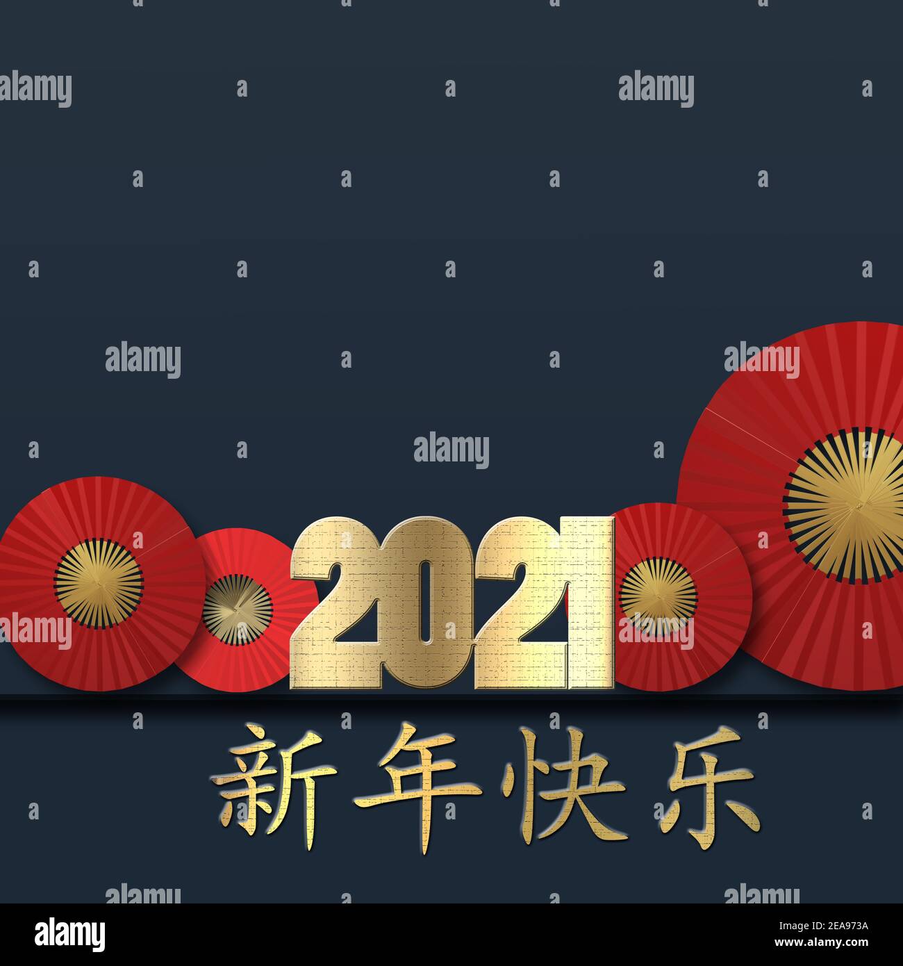 Frohes neues Jahr 2021 Karte. Chinesischer Text Frohes Neues Jahr, goldene Ziffer 2021, rote Fächer auf blauem Hintergrund. Design für Grußkarte, Einladung, Plakate, b Stockfoto