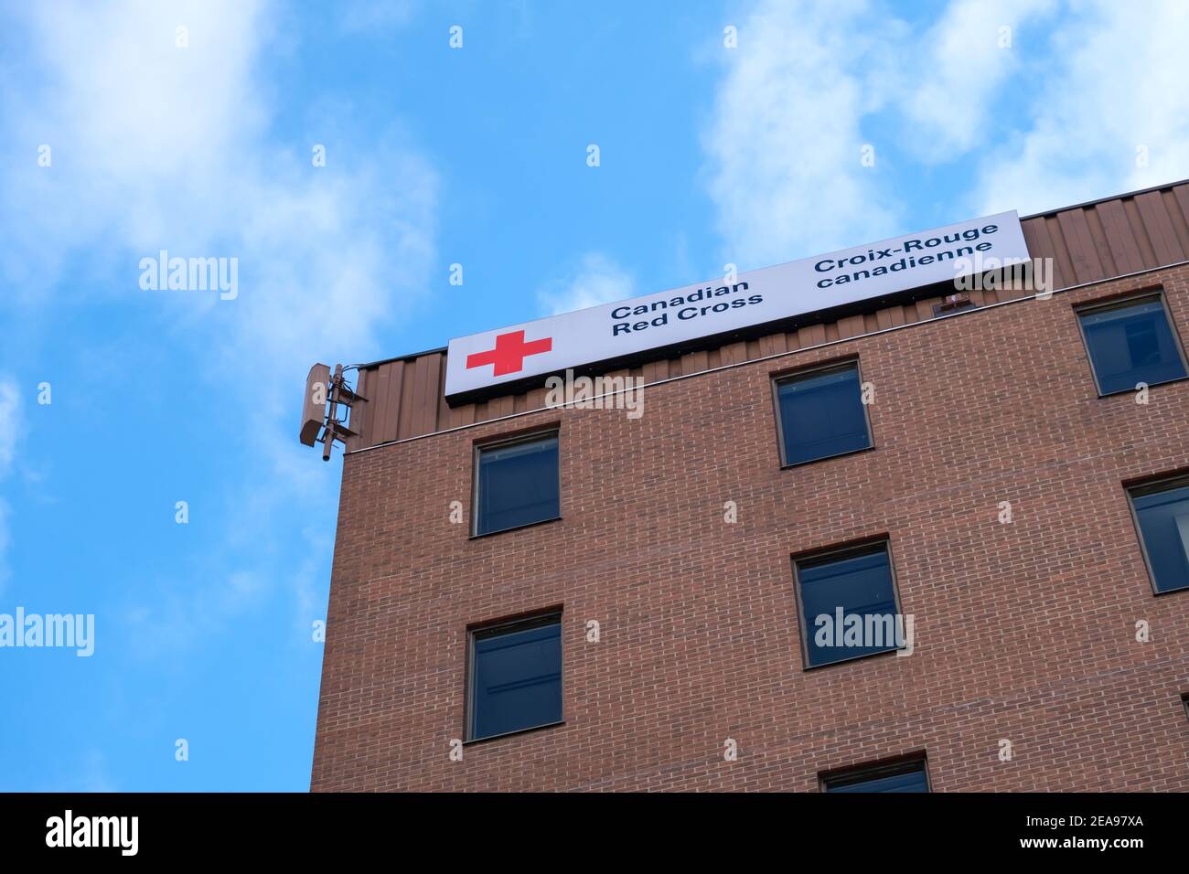 Ottawa, Ontario, Kanada - 6. Februar 2021: Ein Schild für das kanadische Rote Kreuz hängt auf dem National Office für die gemeinnützige Organisation, befindet sich in Stockfoto