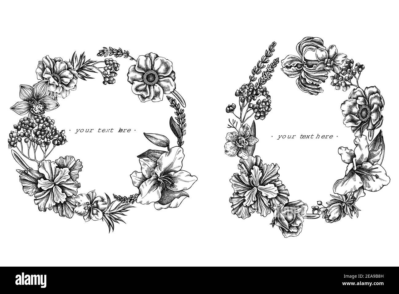 Blumenkranz aus schwarzer und weißer Anemone, Lavendel, Rosmarin Everlasting, Phalaenopsis, Lilie, Iris Stock Vektor