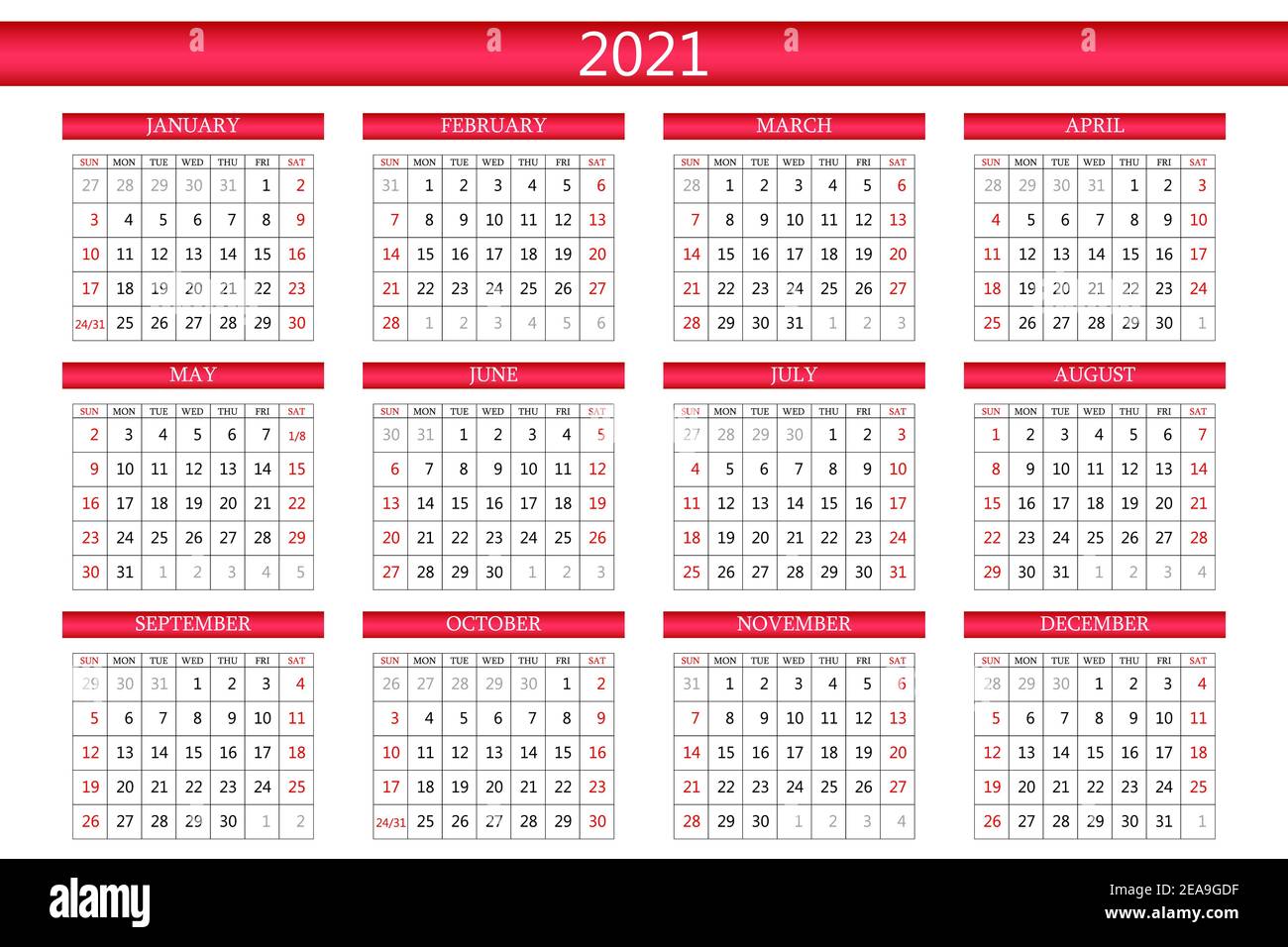 2021 Kalenderplaner. Firmenwoche. Vorlagenlayout, 12 Monate jährlich, weißer Hintergrund. Einfaches Design für Business-Broschüre, Flyer, Printmedien Stock Vektor