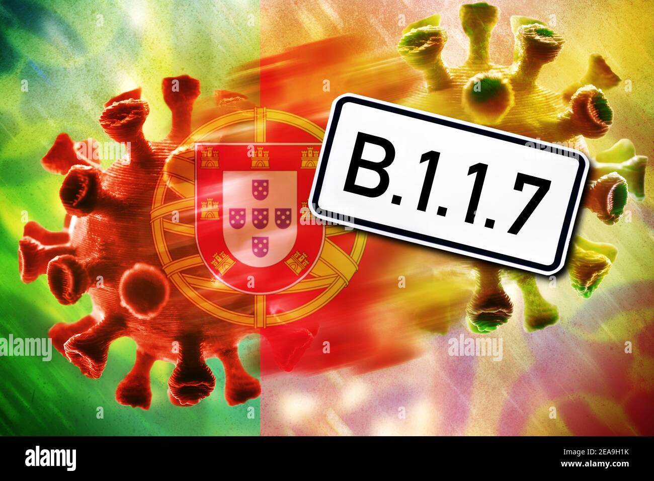 Rotes und grünes Coronavirus und Flagge Portugals, Covid Mutation B,1.1,7 Stockfoto