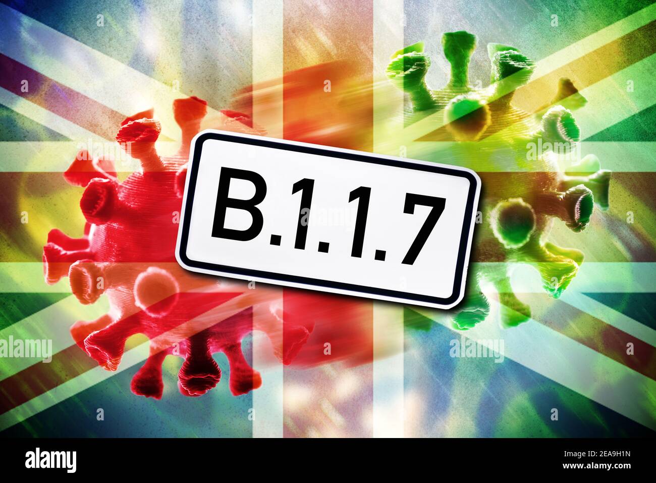 Rotes und grünes Coronavirus und Flagge Großbritanniens, Covid Mutation B,1.1,7 Stockfoto