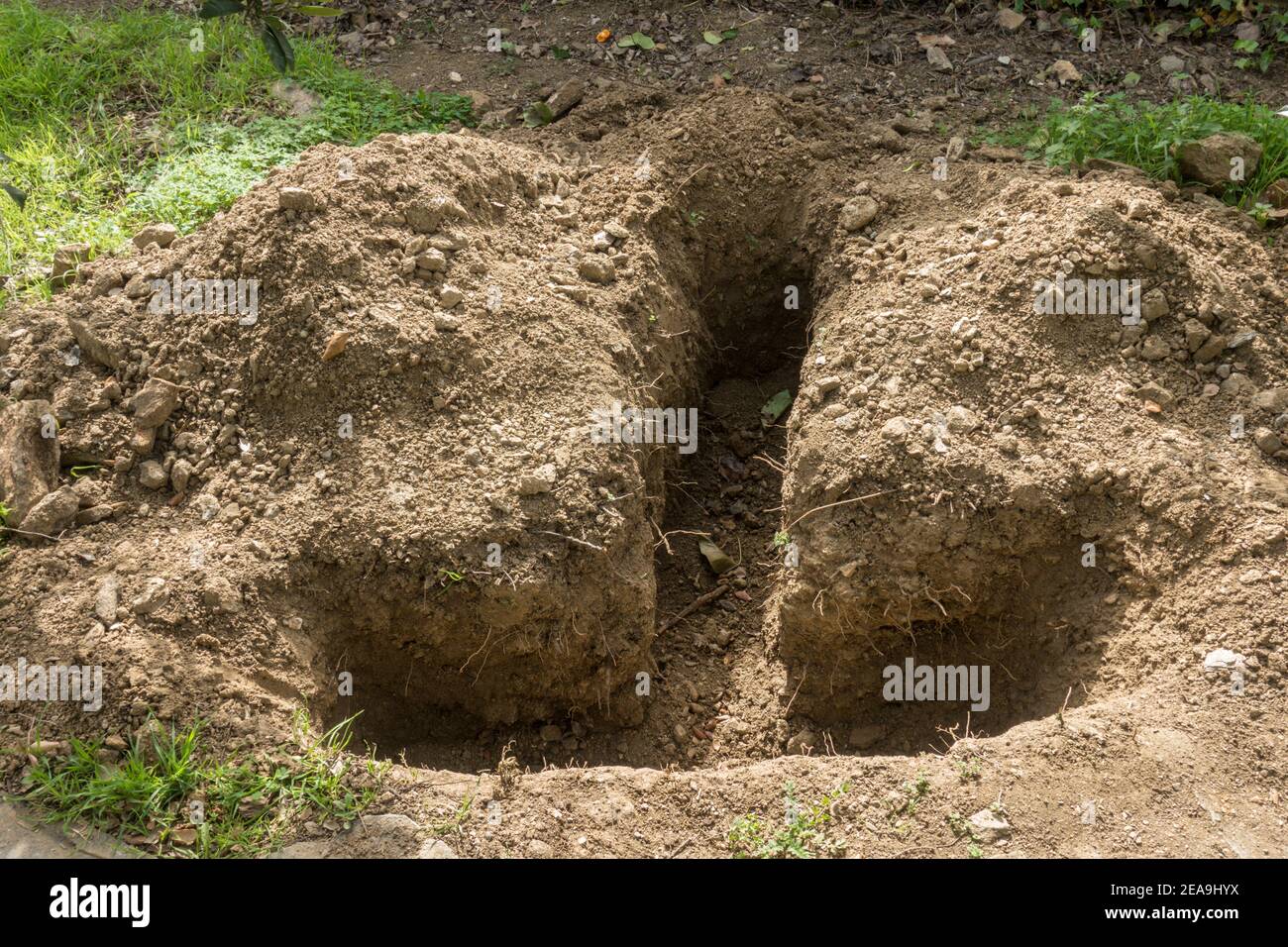 T-förmiges Loch im Boden in einem Garten. Stockfoto