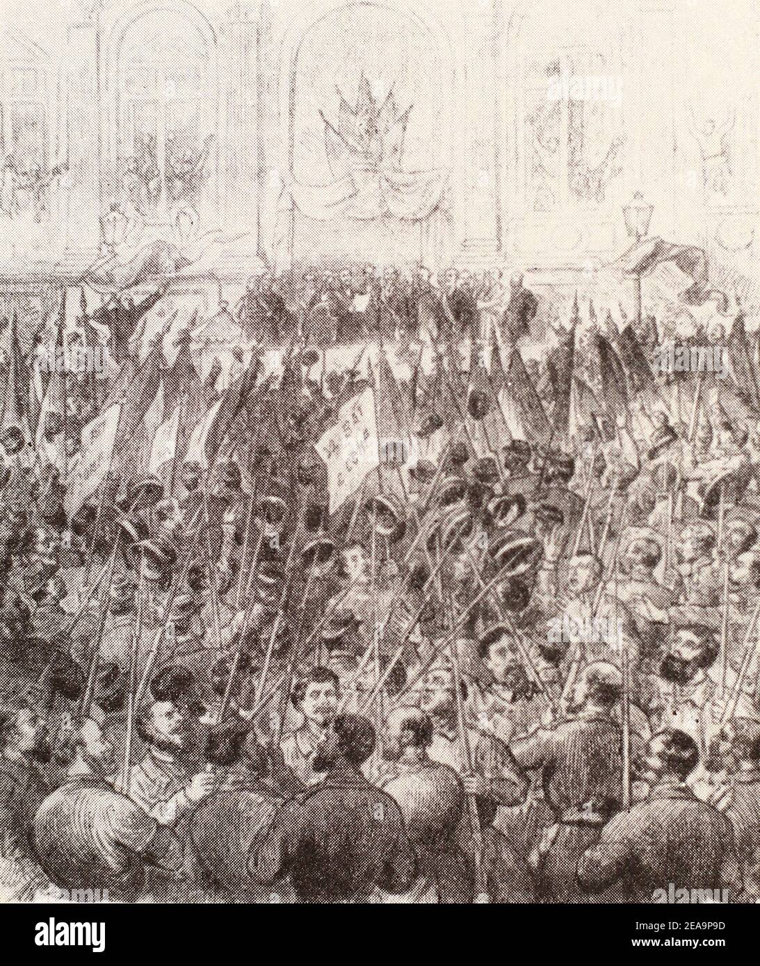 Proklamation der Pariser Kommune auf dem Platz vor dem Rathaus. Gravur von 1871. Stockfoto