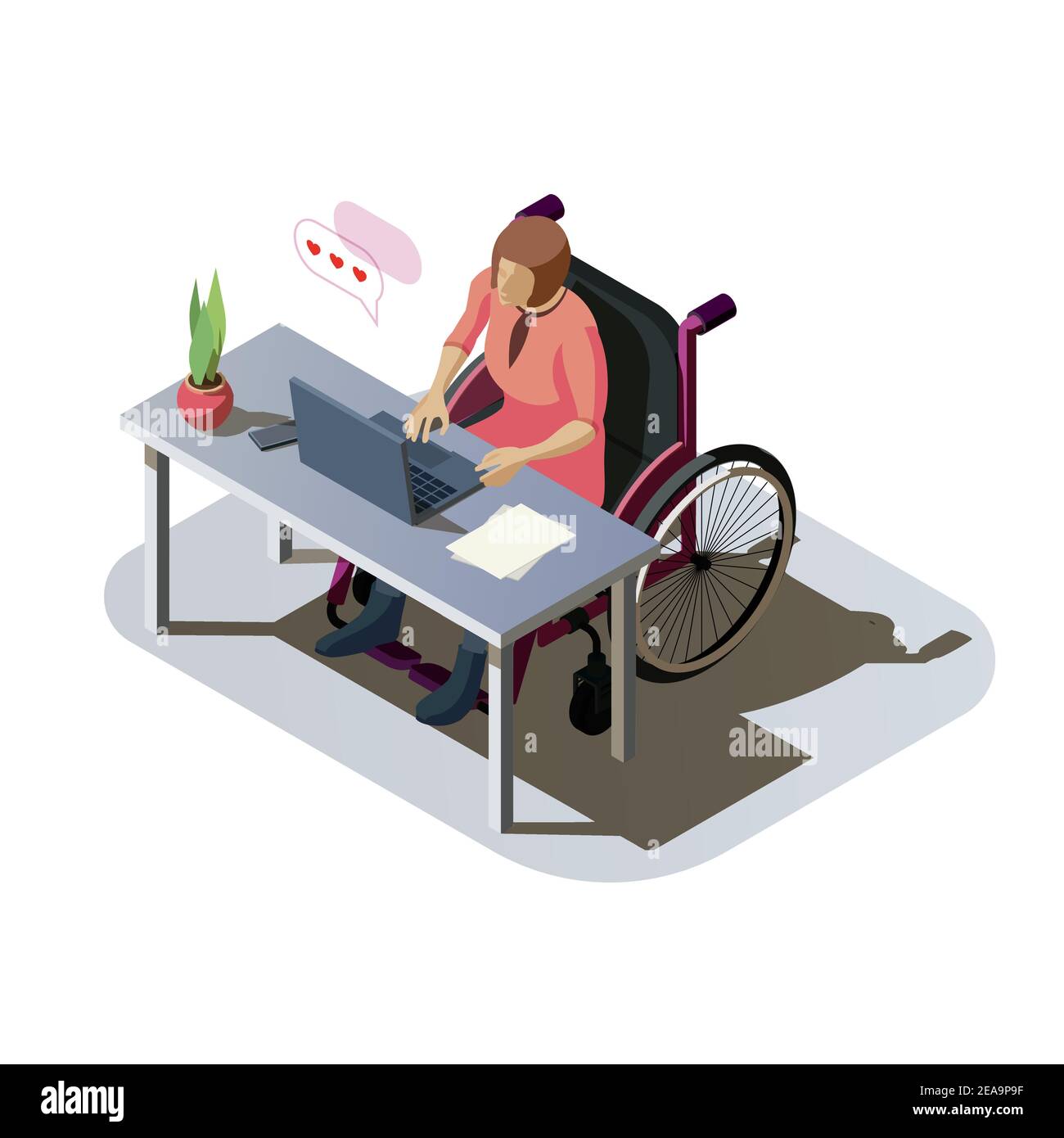 Frau mit Behinderung am Schreibtisch, die an einem Computer arbeitet. Ungültige Dame mit Verletzung im Rollstuhl, die Arbeit macht oder online kommuniziert. Behinderter Charakter am Arbeitsplatz, isometrische Illustration. Stock Vektor