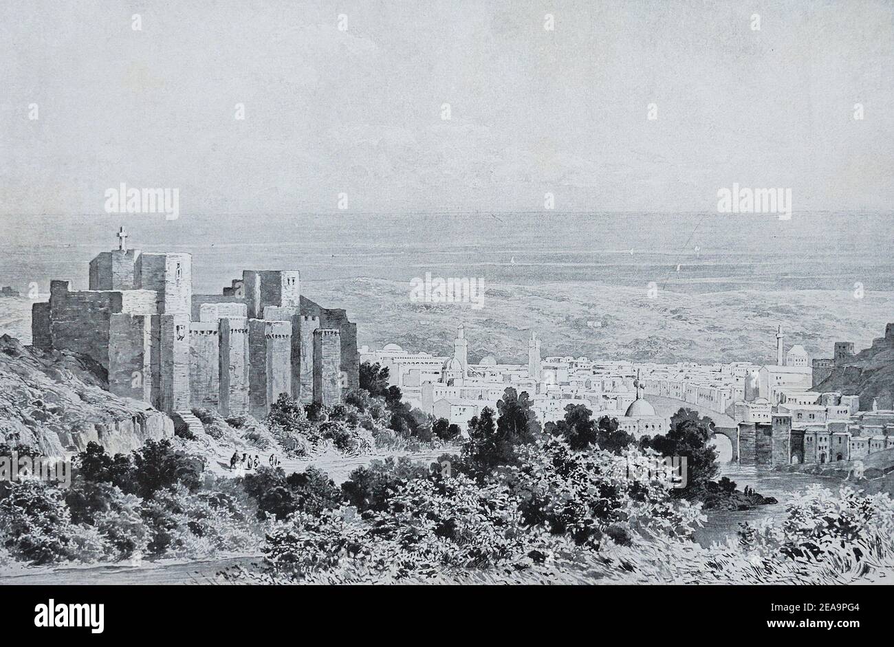 Tripolis in Syrien. Im Vordergrund links auf dem Pilgerberg befindet sich das Schloss von Raymond IV., Graf von Toulouse. Gravur des 19th. Jahrhunderts. Stockfoto