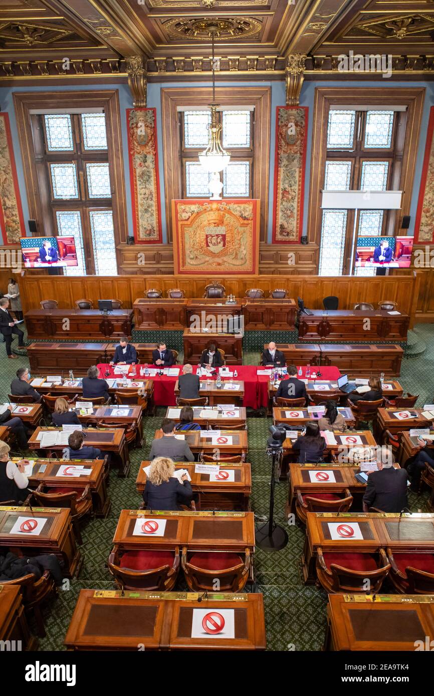 Konferenz für die wirtschaftliche Wiederbelebung der Stadt Paris organisiert im Hotel de Ville in Paris, Frankreich, am 08. Februar 2021. Foto von Pierre Vassal/Pool/ABACAPRESS.COM Stockfoto