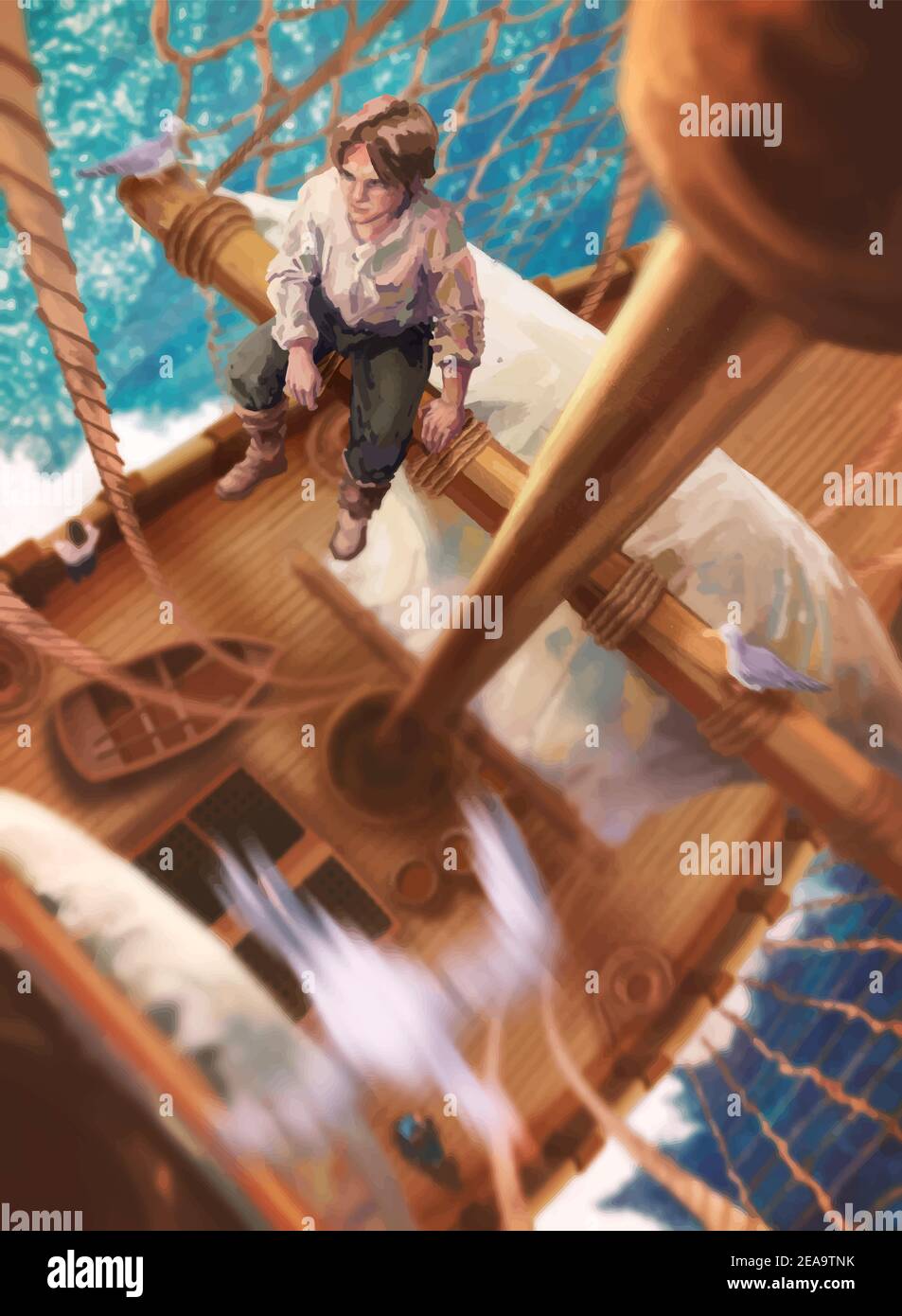 Romantischer Kerl, der auf einem Schiff sitzt Stock Vektor