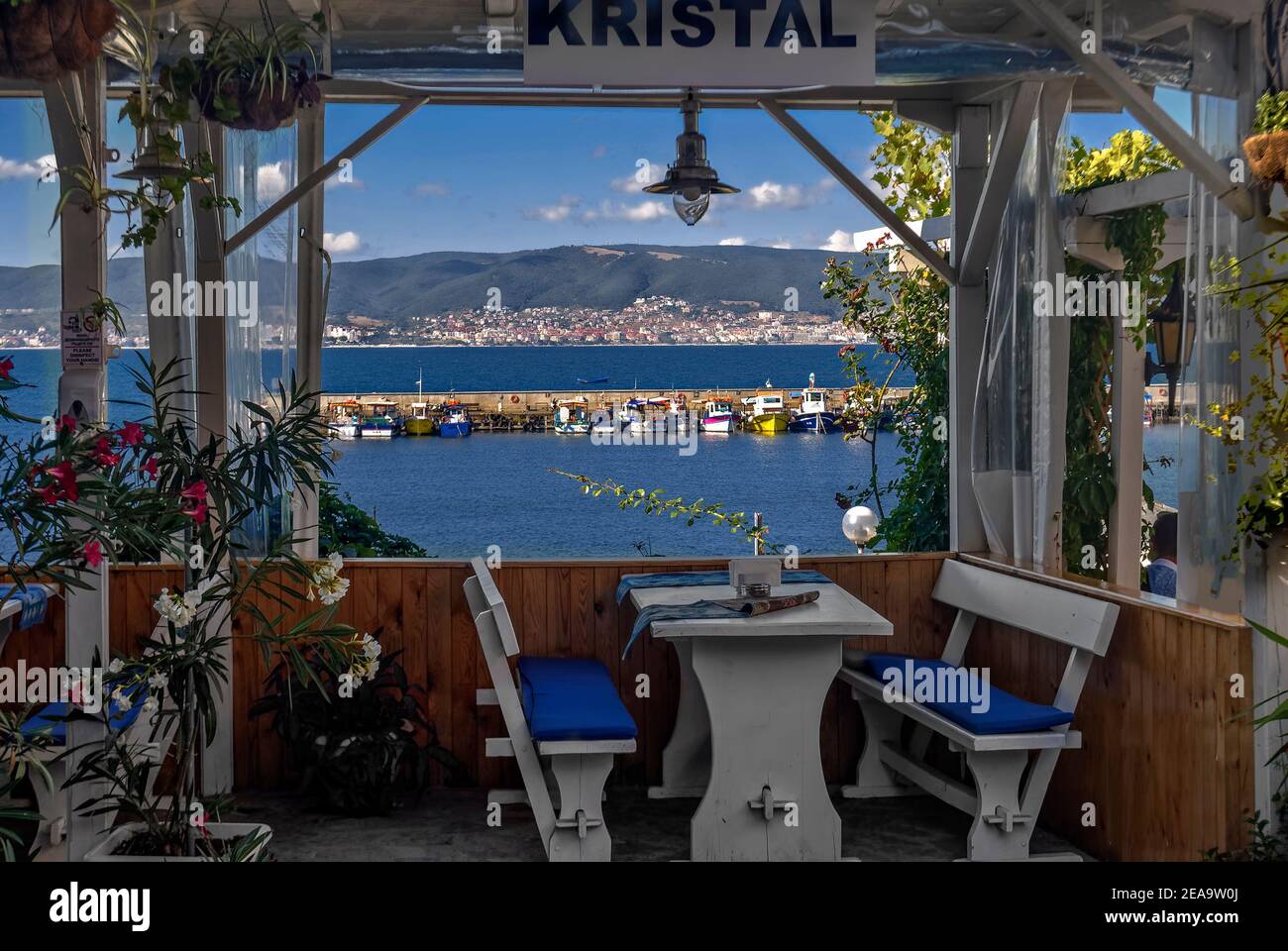 Restaurant am Schwarzen Meer Nessebar Bulgarien. Stockfoto