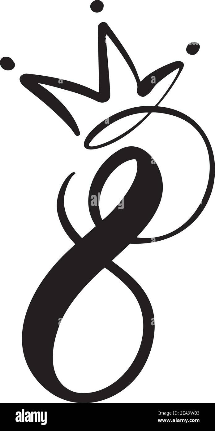 Nummer 8 mit Krone. Acht Logo von März. Zur Gratulation Kalligraphie Text. Schriftzug für Womans Day. Kann für Grußkarten, Poster oder Banner verwendet werden Stock Vektor