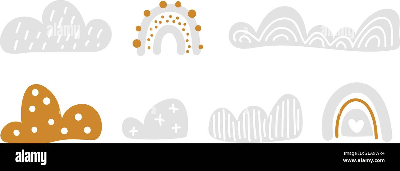 Vektor-Set bunte Regenbogen mit Wolken. Pastellfarben. Niedliche Baby Illustration. Hintergrund für Kinder. Handgezeichneter skandinavischer Kinderdruck für Kinder Stock Vektor