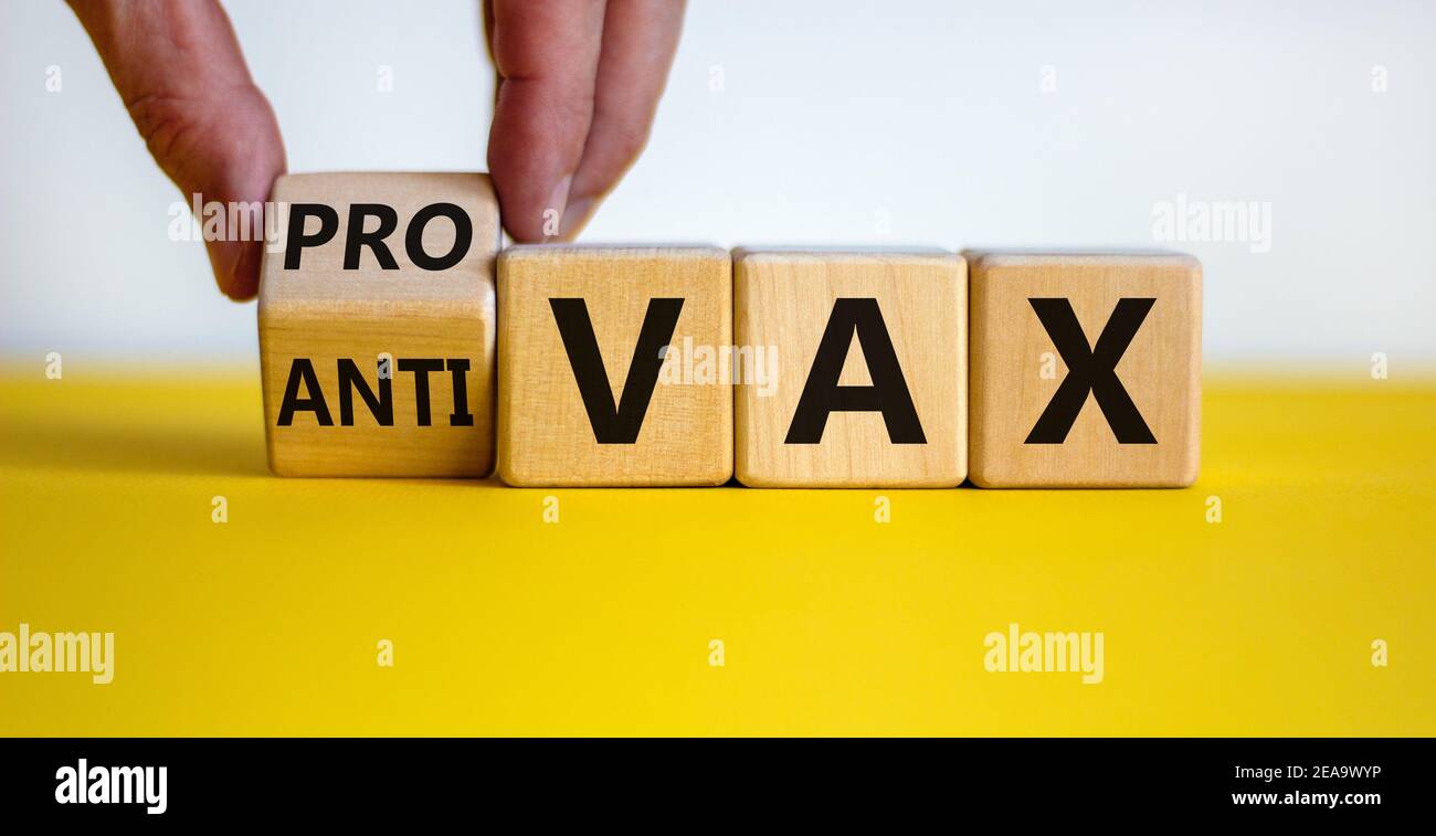 Pro-vax- oder Anti-vax-Symbol. Der Arzt dreht einen Würfel, ändert die Worte „Anti-vax“ in „Pro-vax“. Schöner gelber Tisch, weißer Hintergrund. Speicherplatz kopieren. Unternehmen Stockfoto