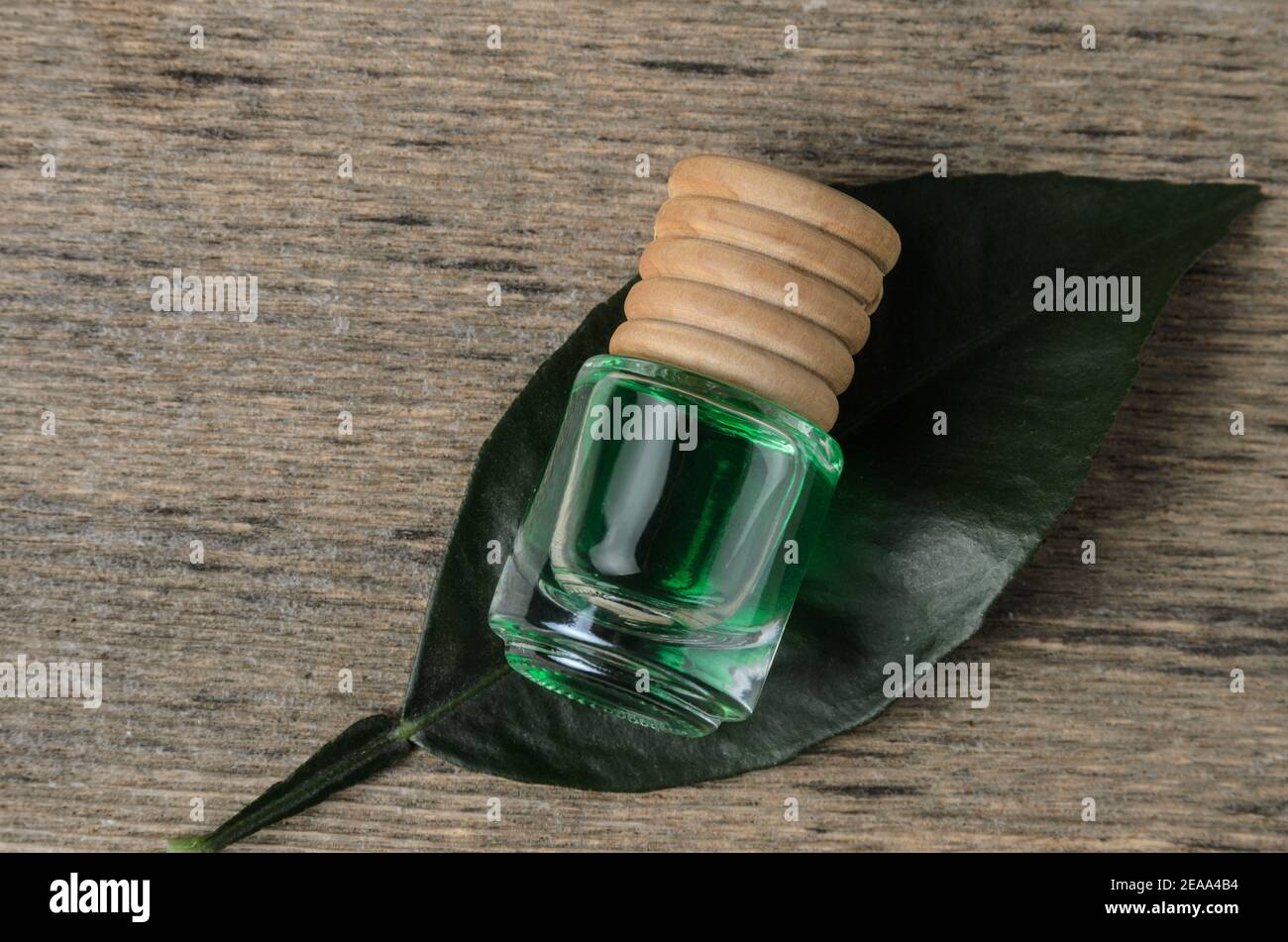 Zitronengeschmack von smaragdgrüner Farbe in einer Glasflasche mit einem Holzstopfen auf einem grünen Blatt. Die dunkle Taste. Stockfoto