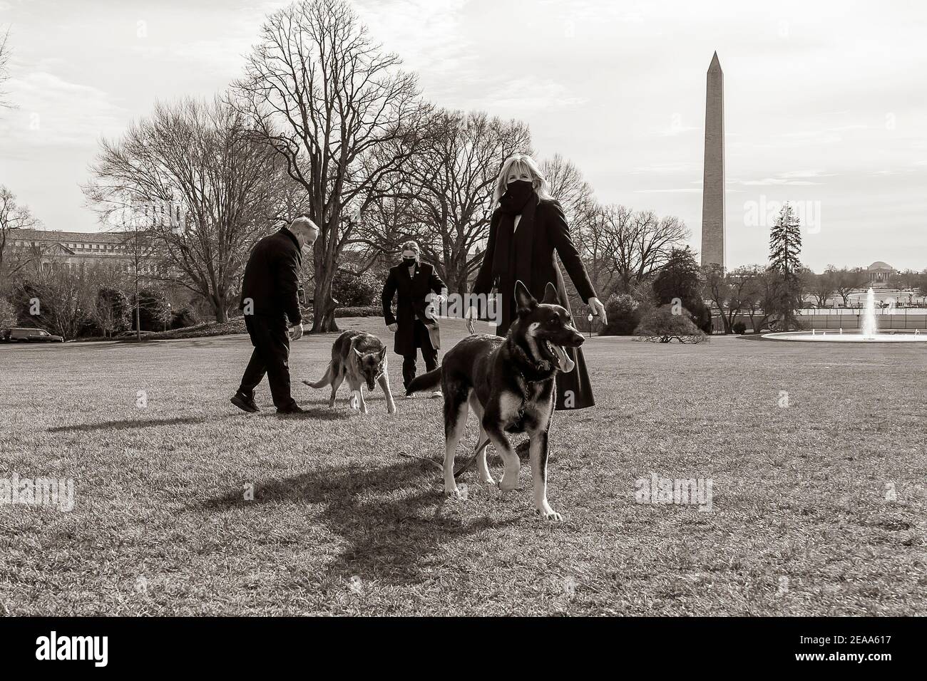 First Lady Dr. Jill Biden, zusammen mit dem White House Grounds Superintendent Dale Haney und ihrer Enkelin Maisy Biden, spielen mit den Hunden Major und Champ der Biden auf dem South Lawn des Weißen Hauses. Major und Champ sind die ersten Haustiere im Weißen Haus seit der Obama-Regierung. (Offizielles Foto des Weißen Hauses von Chandler West) Stockfoto