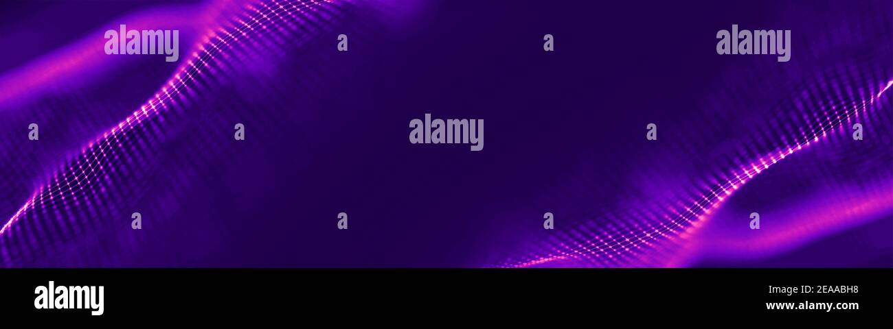 Futuristische Welle. Lila Technologie Licht Neon Hintergrund. Digitale Technologie Musik Hintergrund. Computernetzwerktechnologie. Konzept der digitalen Wissenschaft Stockfoto