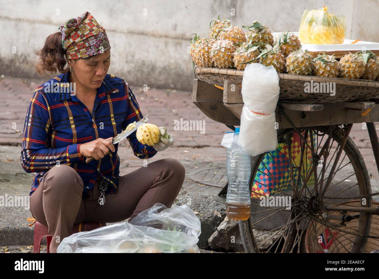 Kunstvolle Ananasschnitzerei am Straßenrand, Hanoi, Vietnam Stockfoto