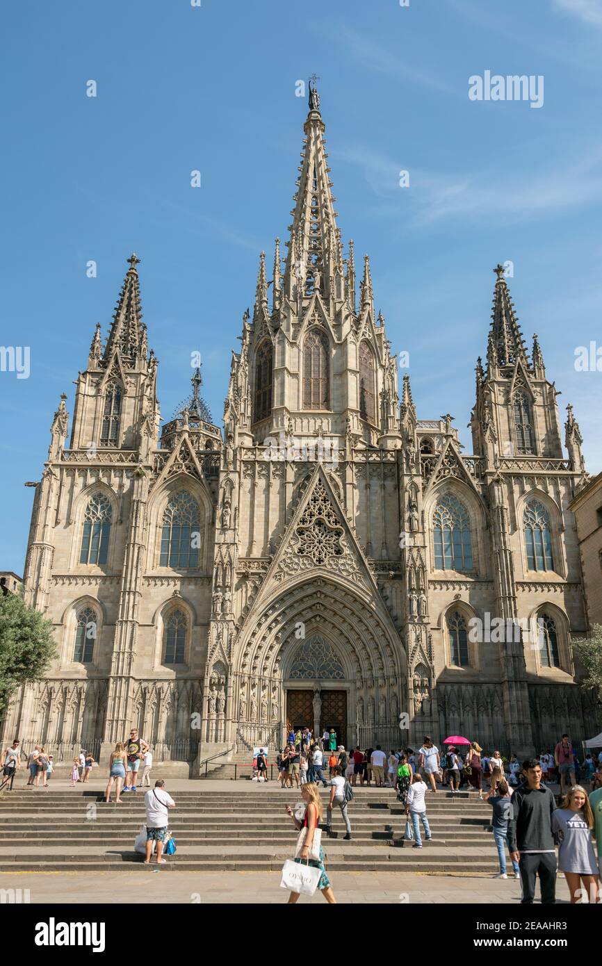 Kathedrale von Barcelona, gotisch aus dem 14. Jahrhundert mit neogotischer Fassade aus dem 19. Jahrhundert, Barcelona, Spanien Stockfoto