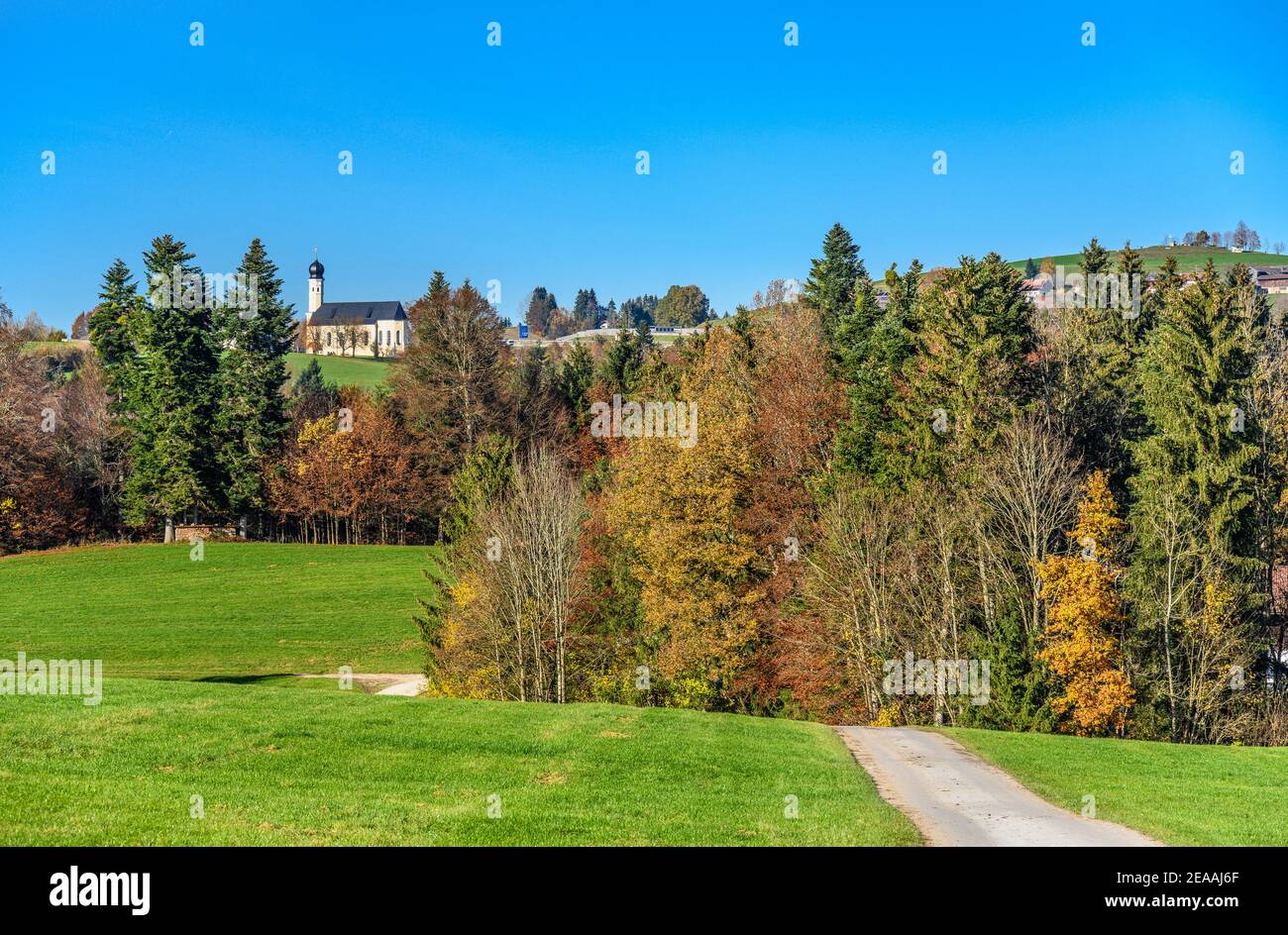 Deutschland, Bayern, Oberbayern, Oberland, Irschenberg, Bezirk Wildling mit der Wallfahrtskirche St. Marinus und Anian, Blick auf Oberlohe Stockfoto