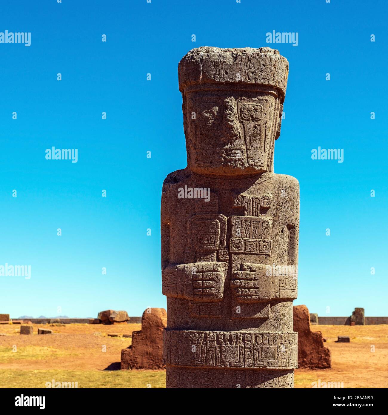 Ponce Priester Monolith Statue in Tiwanaku in der Nähe von La Paz, Bolivien. Stockfoto