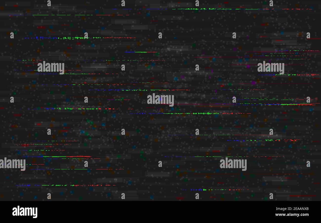 Störung VHS Hintergrund. Analoge Videoverzerrungen. Kein Signalfehler. RGB-Pixelrauschen mit verzerrten Farblinien. Zufällige Formen des Fernsehens. Vektor Stock Vektor