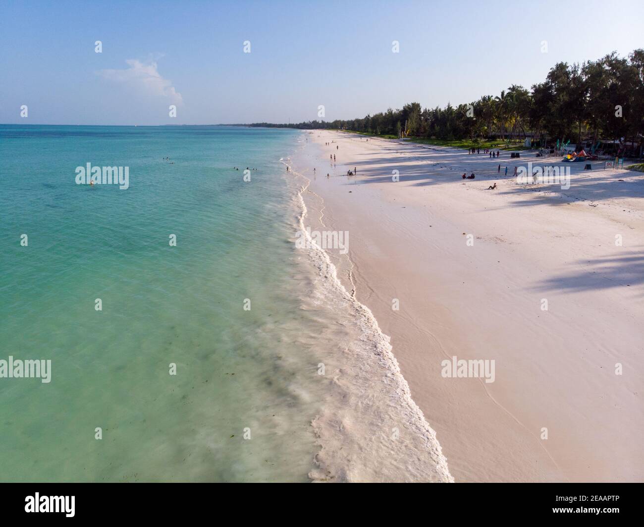 Tropischer Strand mit weißem Sand mit Türkis Ozean in Sansibar, Paje Strand begrenzt. Tansania Stockfoto