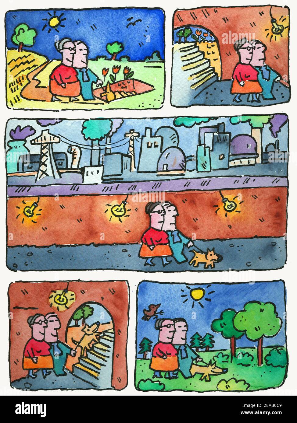 Ein Paar läuft mit dem Hund. Zeichentrickfilm Stockfoto