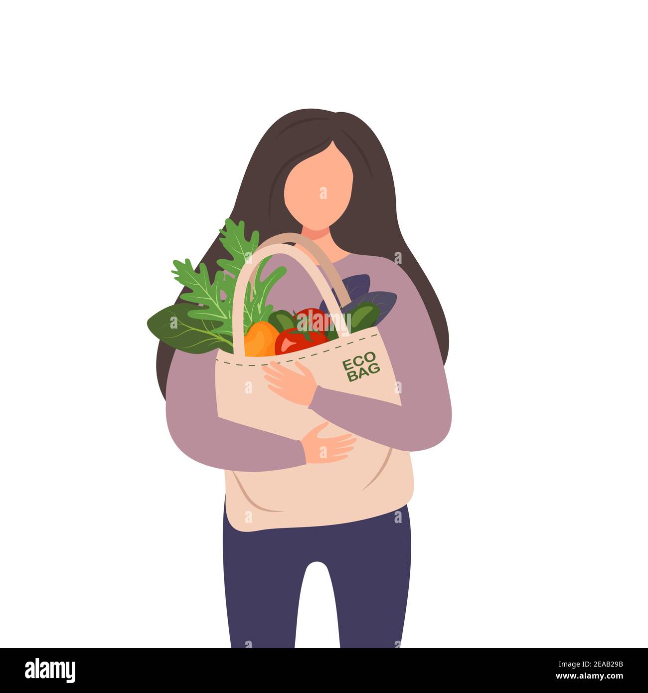 Eine Frau hält einen Stoffbeutel mit Gemüse in sich Hände Stock Vektor
