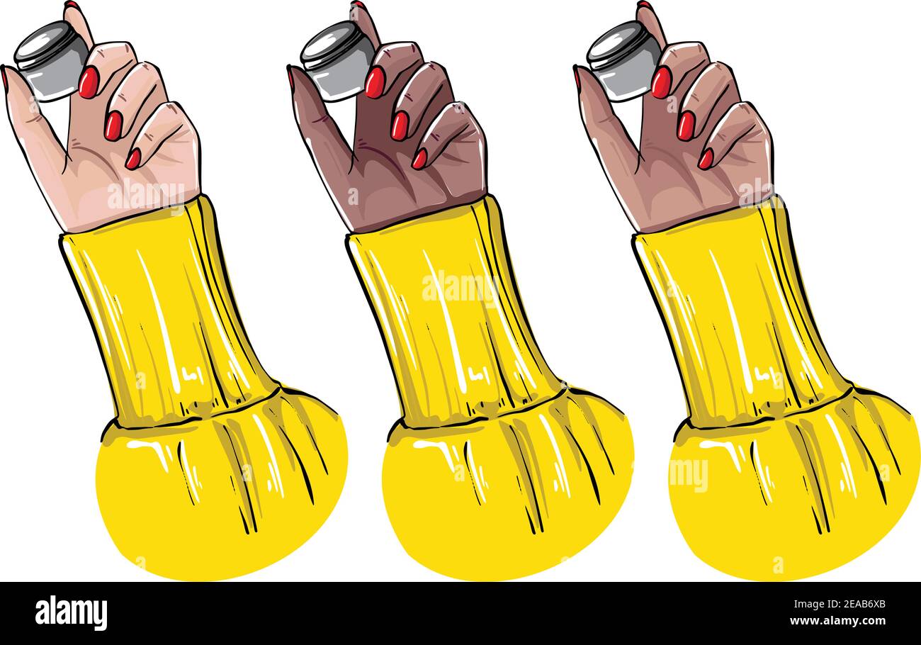 Schönheit und Spa-Service Maniküre Künstler Kunst. Nagelpflege-Set, Frauen Hände halten Creme Flasche, diy Manikurist Behandlung. Nagelwerkzeug Verfahren, appoin Stock Vektor