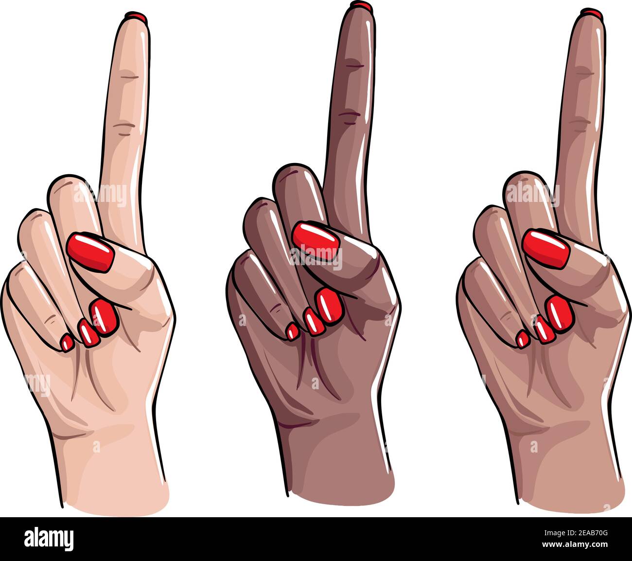 Achtung Beauty Salon Nagelpflege Zeichen, Vektor Maniküre Logo, Nagellack Kunst. Vielfalt Hände, afro latina und weiße Frauen Hände, weibliche Behandlung a Stock Vektor