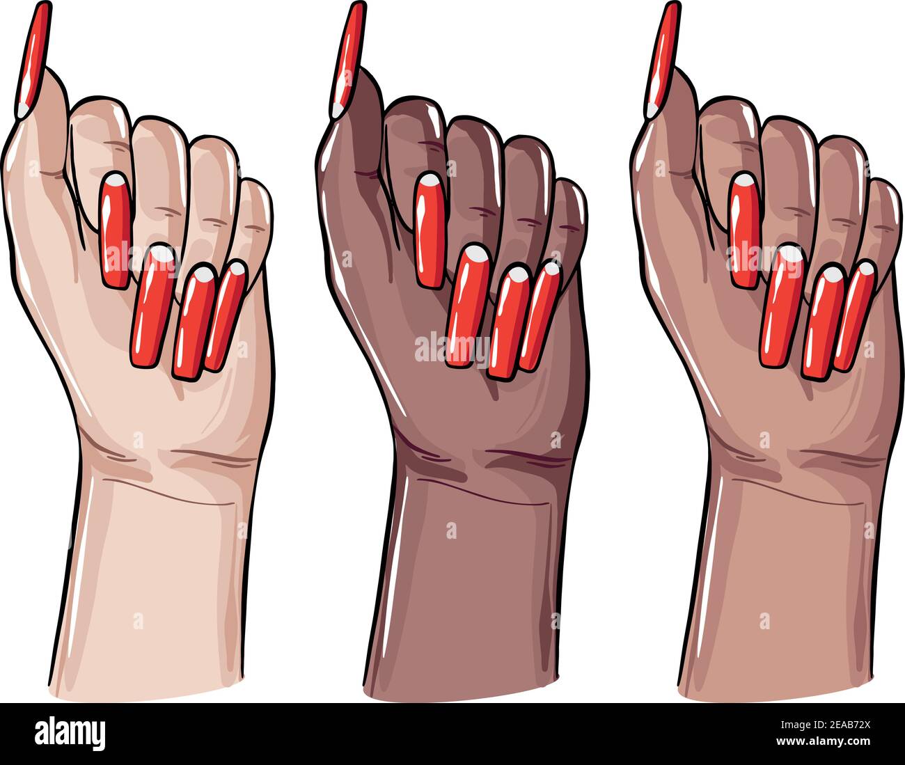 Acryl Coffin Nägel, gefälschte falsche Gel Maniküre Kunst. Nagelpflege Kunst, Schönheit und Spa-Center Verfahren. Vector Racial divercity Frauen Hände, Nagellack s Stock Vektor