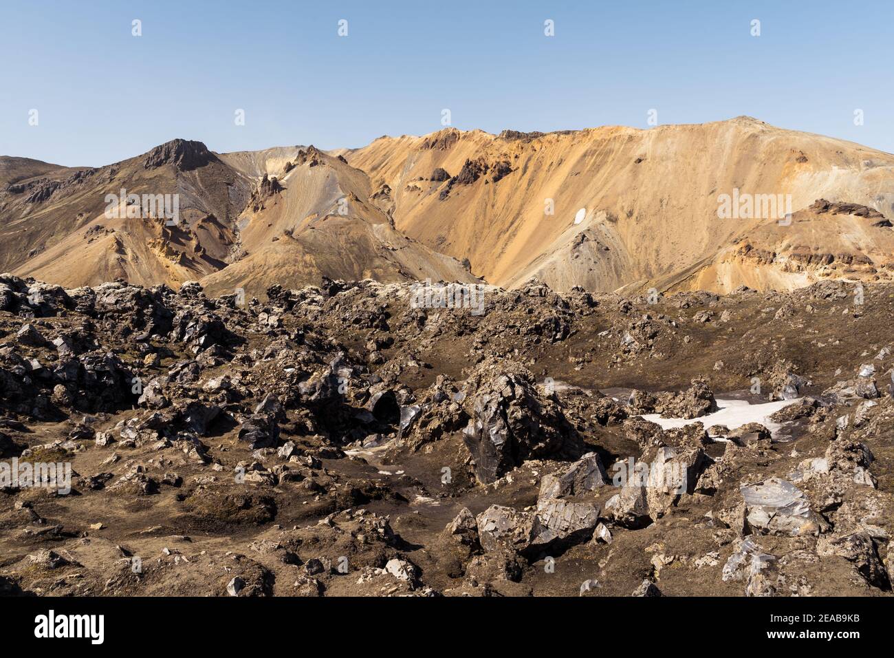 Island, Suðurland, Landmannalaugar, Berg, Wandern, Schnee, Farben, Asche, Vulkan, Hekla, Sand Stockfoto