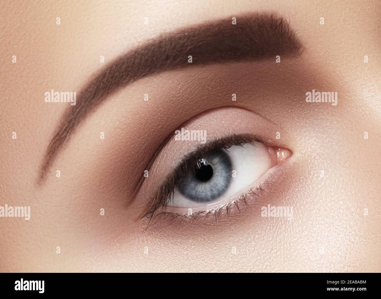 Schöne Makro-Aufnahme des weiblichen Auges mit klassischen rauchigen Make-up. Perfekte Form von Augenbrauen, braunen Lidschatten und langen Wimpern. Kosmetik und Make-up. C Stockfoto