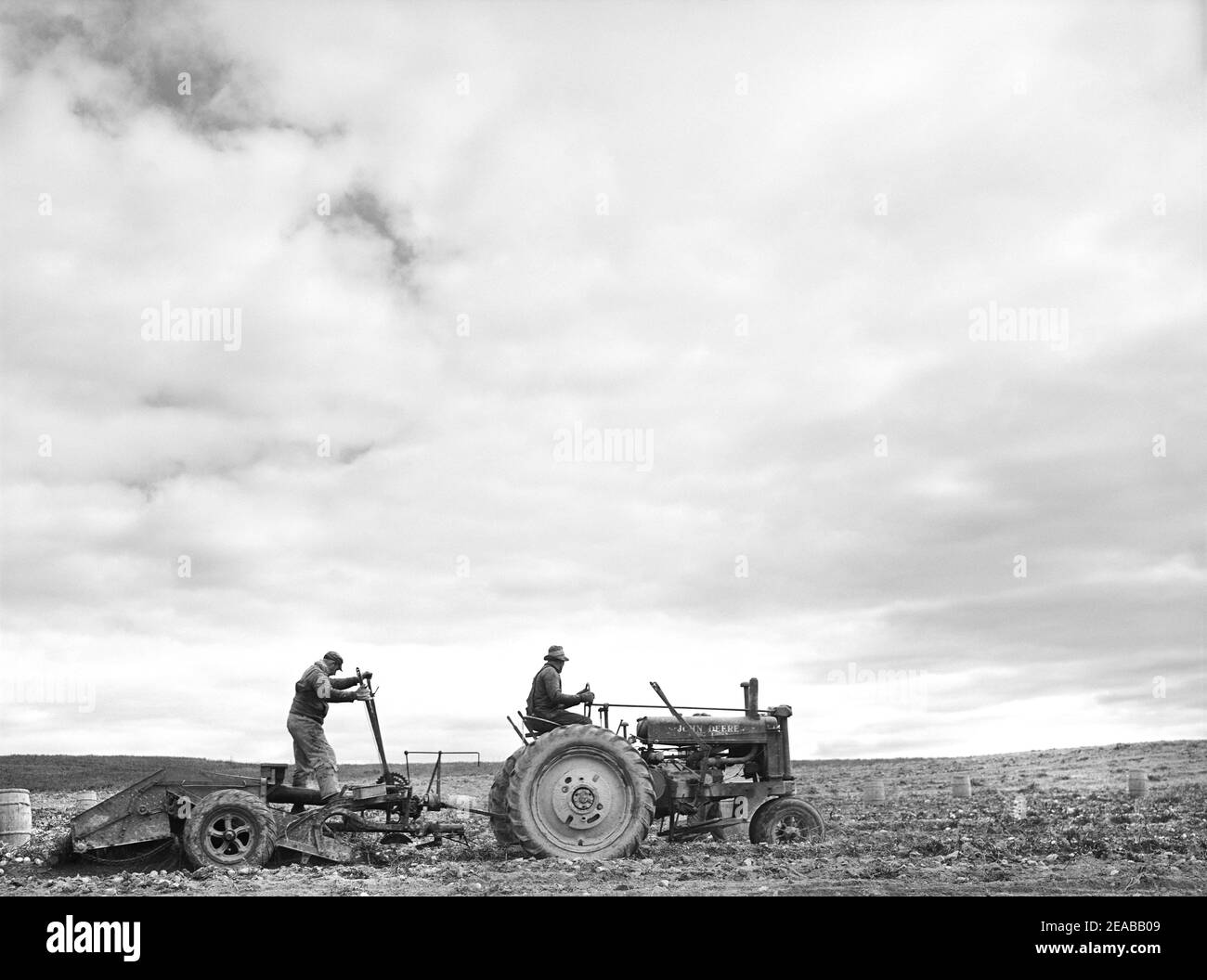 Traktor-gezogener Kartoffelschneider bei der Arbeit auf der Farm in der Nähe von Caribou, Maine, USA, Jack Delano, U.S. Farm Security Administration, Oktober 1940 Stockfoto