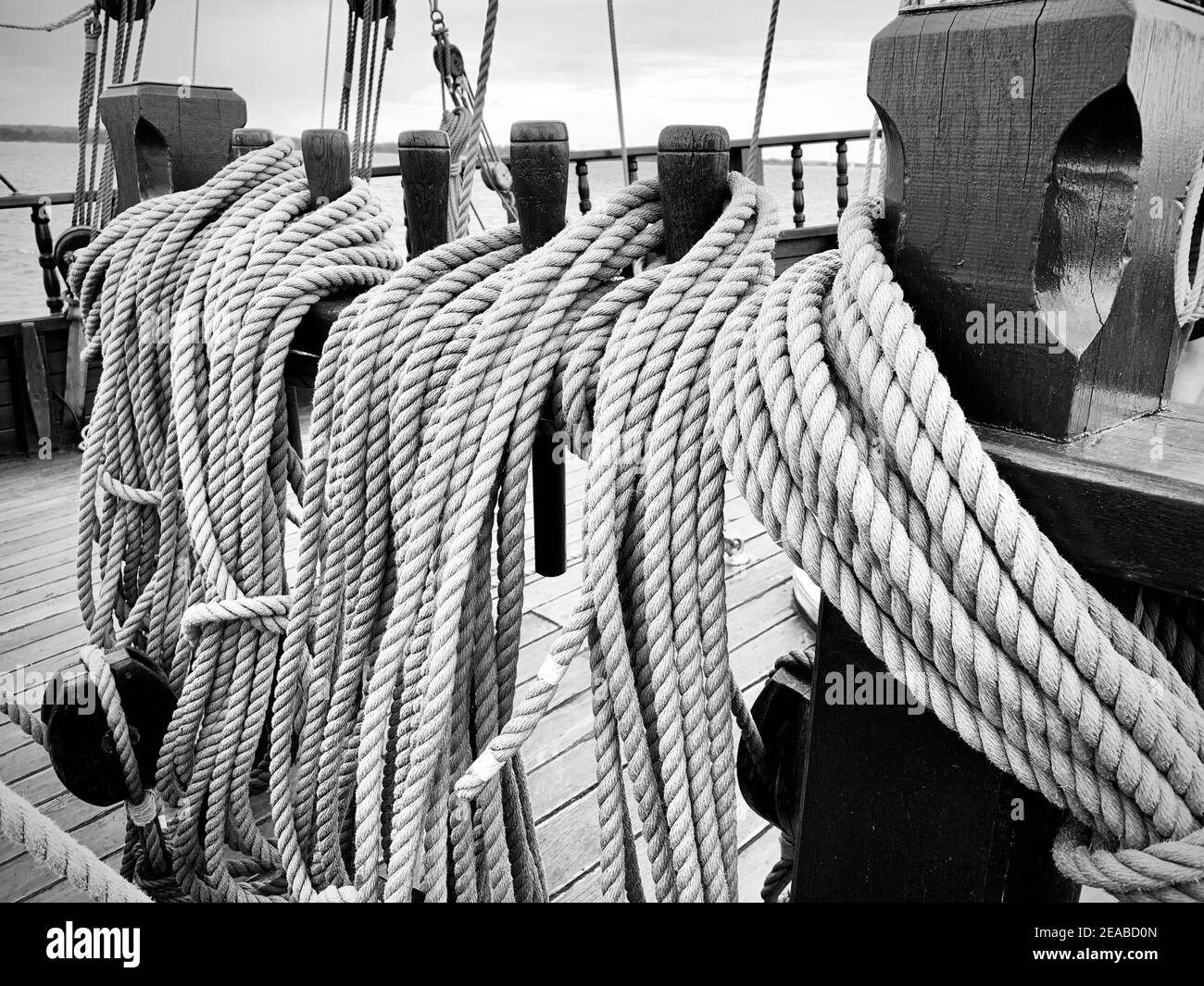 Sicherung Nägel mit erhöhten Seilen auf Deck der historischen Handelsschiff Lisa von Lübeck Stockfoto
