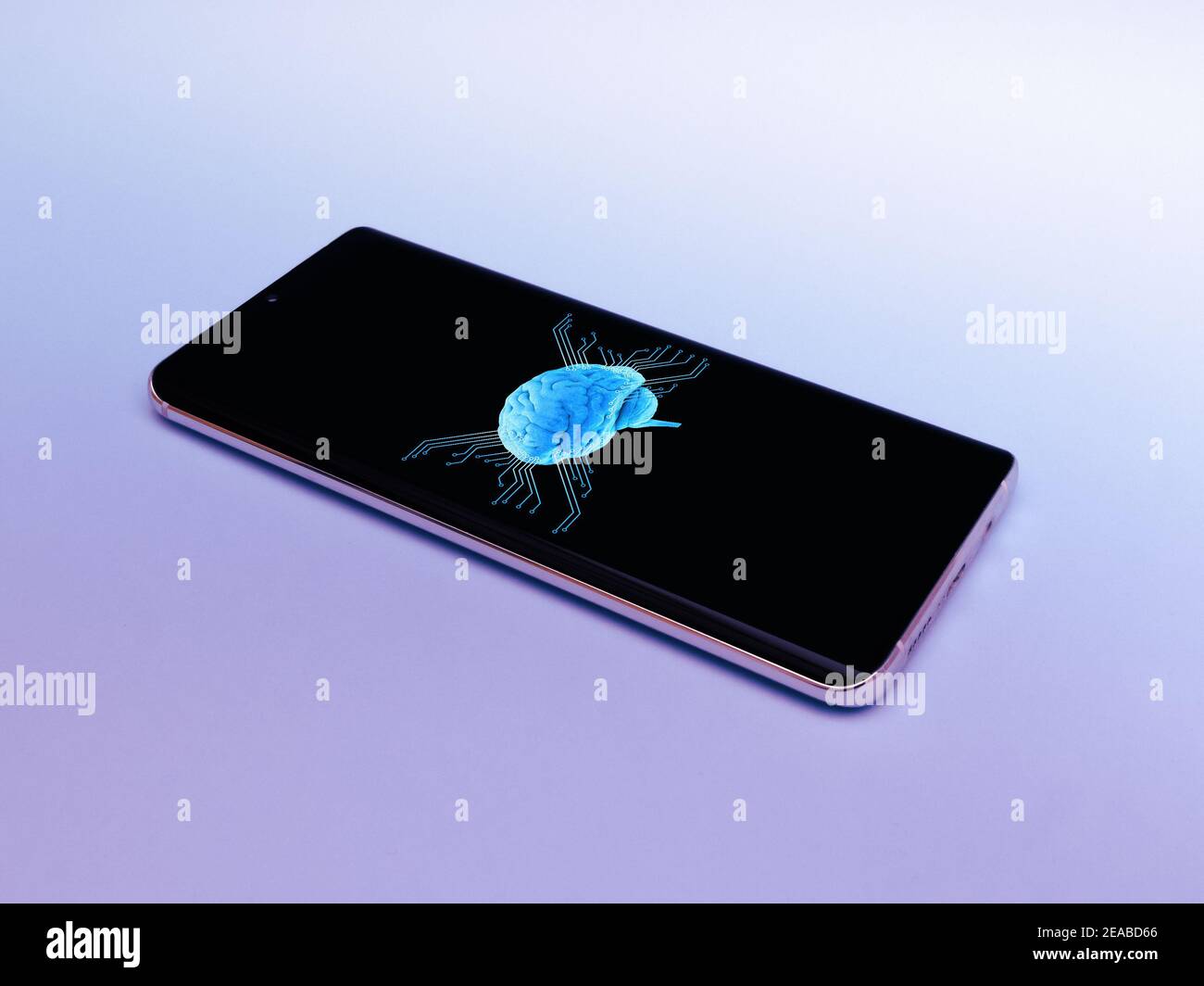 Smartphone, Handy isoliert, Künstliche Intelligenz . Binärcode, virtuelles Konzept für Web und Technologie, Prozessor Stockfoto