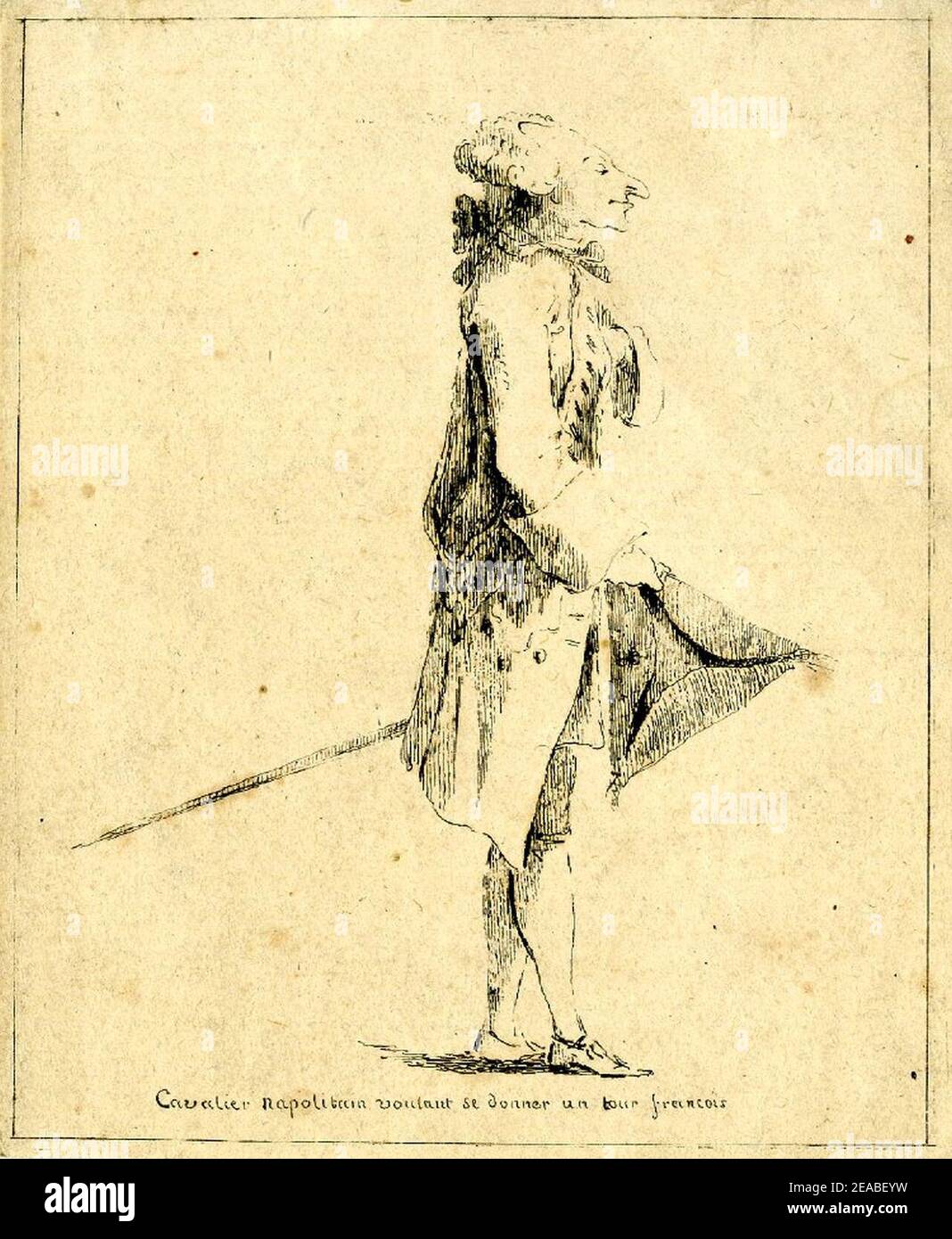 Neapolitanischer Gentleman, im Profil nach rechts stehend, mit dreieckiger Mütze in der rechten Hand, auf weißem Boden von Baron Dominique Vivant Denon. Stockfoto