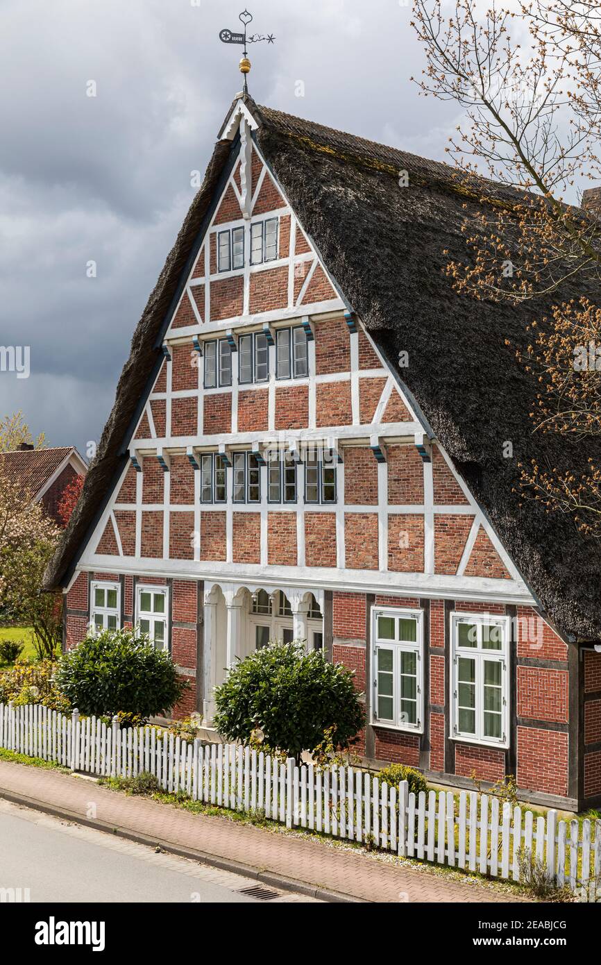 Fachwerkhaus, Blick vom Deich Lühe, bei Steinkirchen, Altes Land, Stade, Niedersachsen, Stockfoto