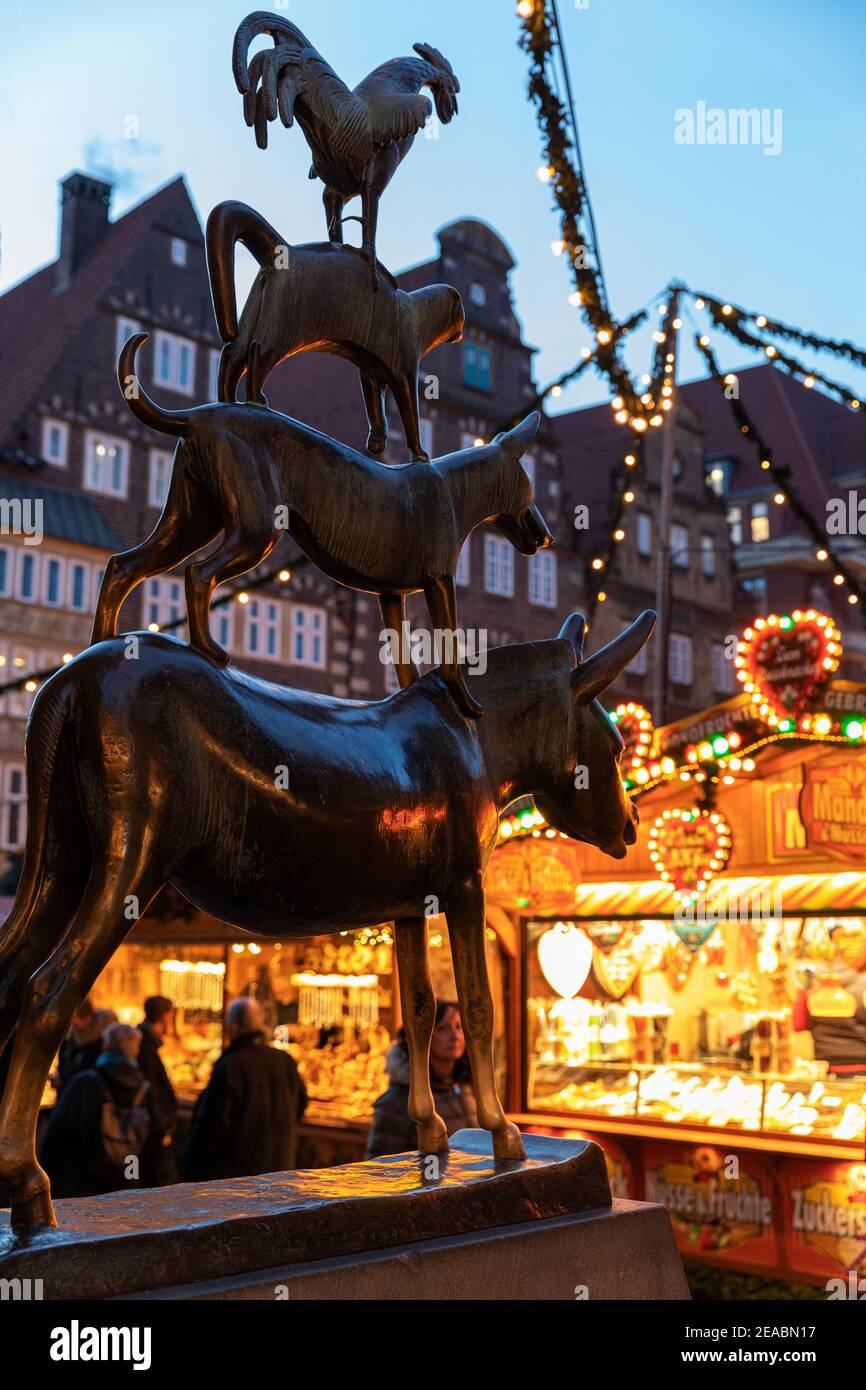 Bremer Stadtmusiker, Detail, Weihnachtsmarkt auf dem Marktplatz, Bremen, Stockfoto