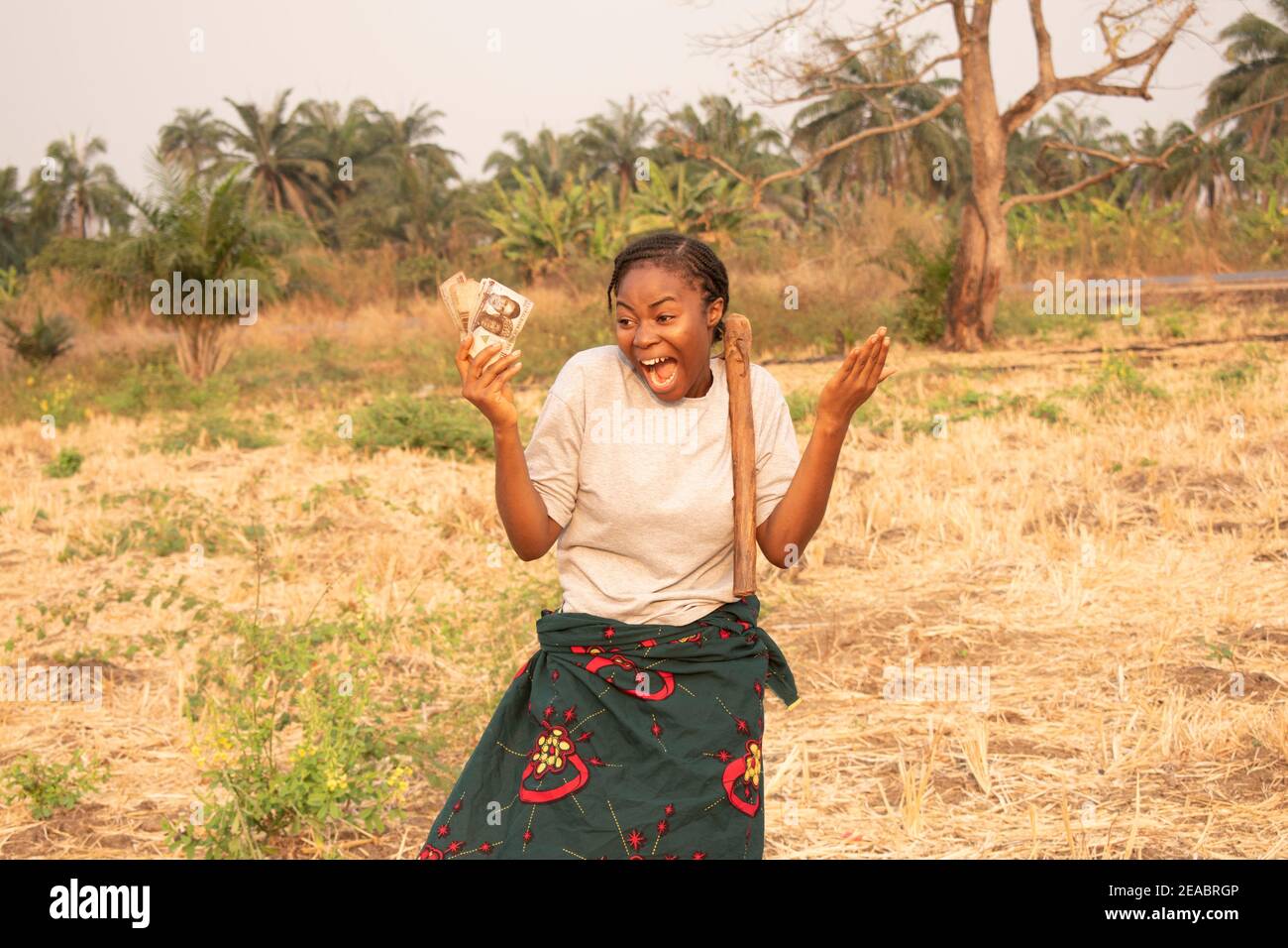 Eine glückliche afrikanische Dame auf dem Bauernhof mit einer Hacke Hängt an ihrer Schulter und hält etwas Bargeld Stockfoto