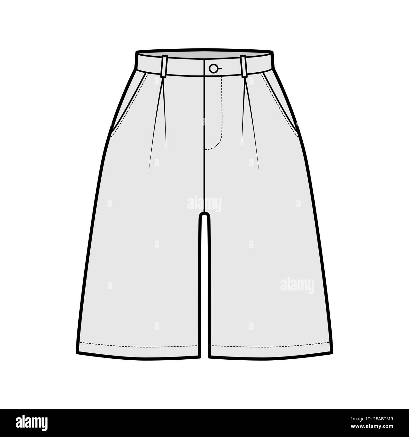 Kurze baggy Bermudas Kleid Hose technische Mode Illustration mit über-die-Knie-Länge, Single Falte, normale Taille, hoher Bund. Flacher Boden Schablone vorne, graue Farbe Stil. Frauen, Männer CAD-Modell Stock Vektor